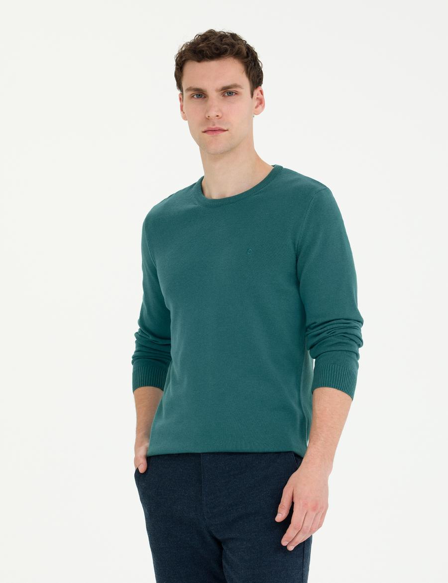 Yeşil Slim Fit Bisiklet Yaka Basic Triko Kazak