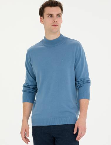 Koyu Mavi Slim Fit Yarım Balıkçı Yaka Basic Triko Kazak