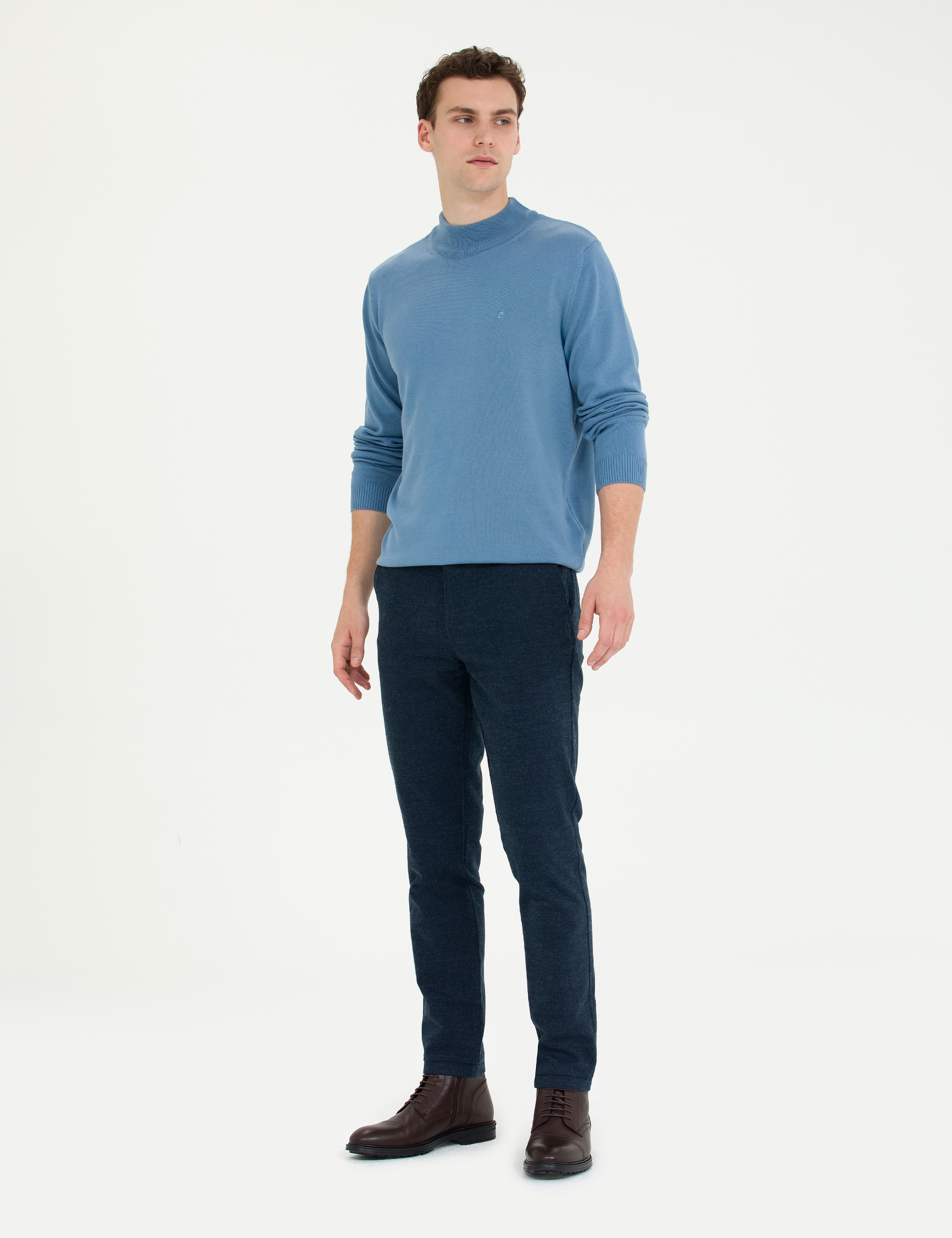 Koyu Mavi Slim Fit Yarım Balıkçı Yaka Basic Triko Kazak - Image 4