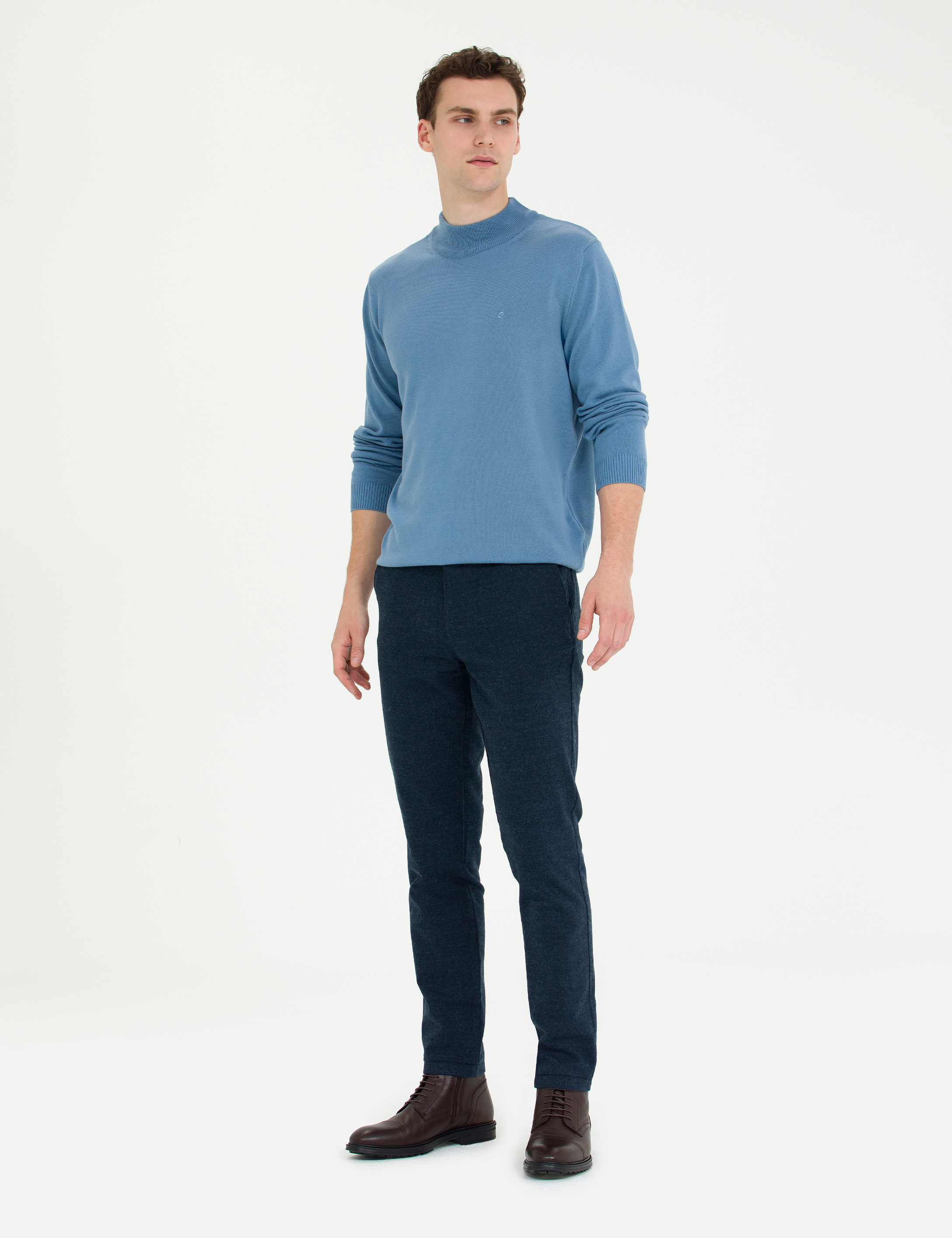 Koyu Mavi Slim Fit Yarım Balıkçı Yaka Basic Triko Kazak
