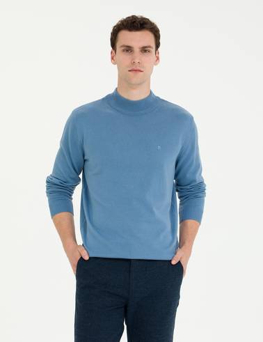 Koyu Mavi Slim Fit Yarım Balıkçı Yaka Basic Triko Kazak