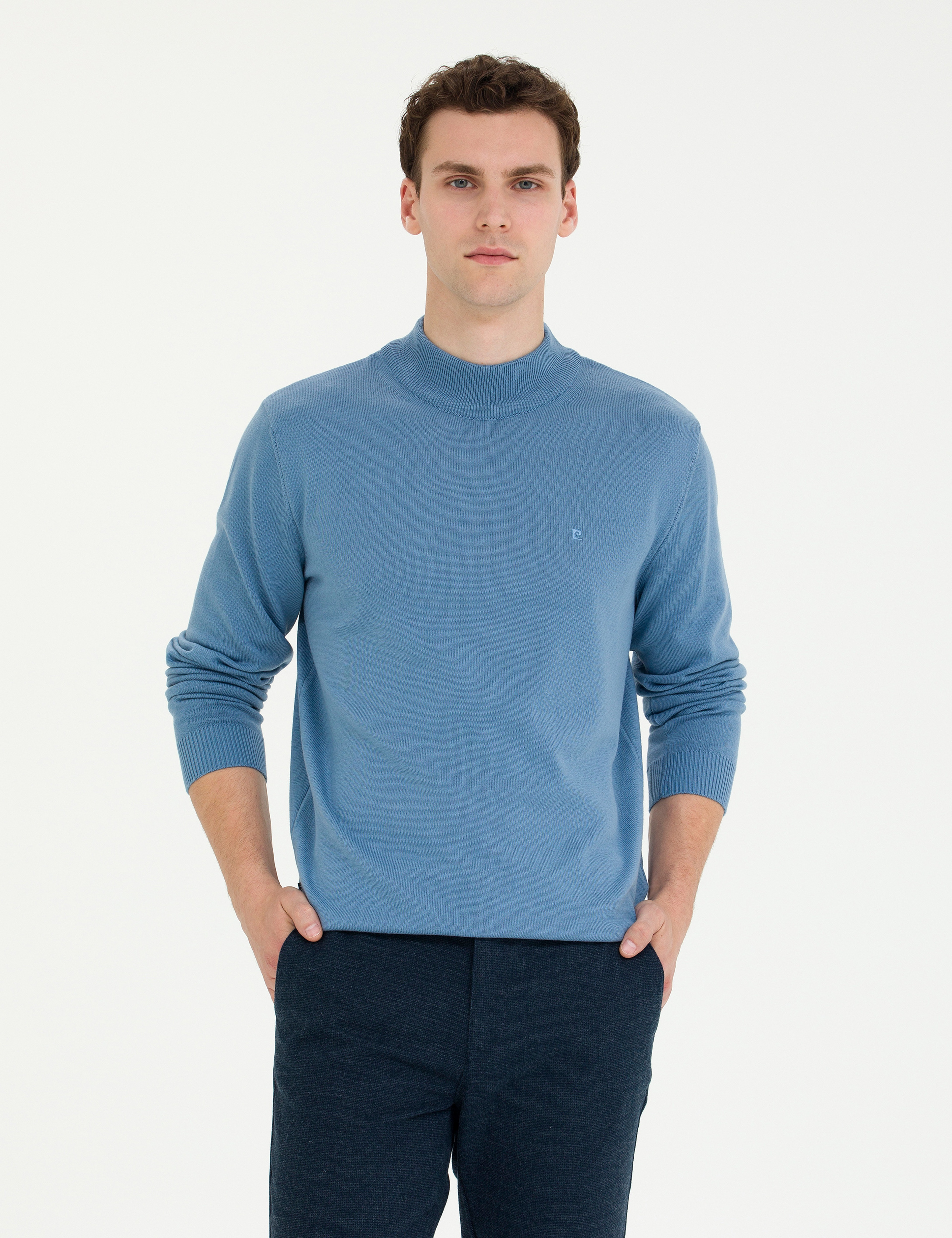 Koyu Mavi Slim Fit Yarım Balıkçı Yaka Basic Triko Kazak - Image 1