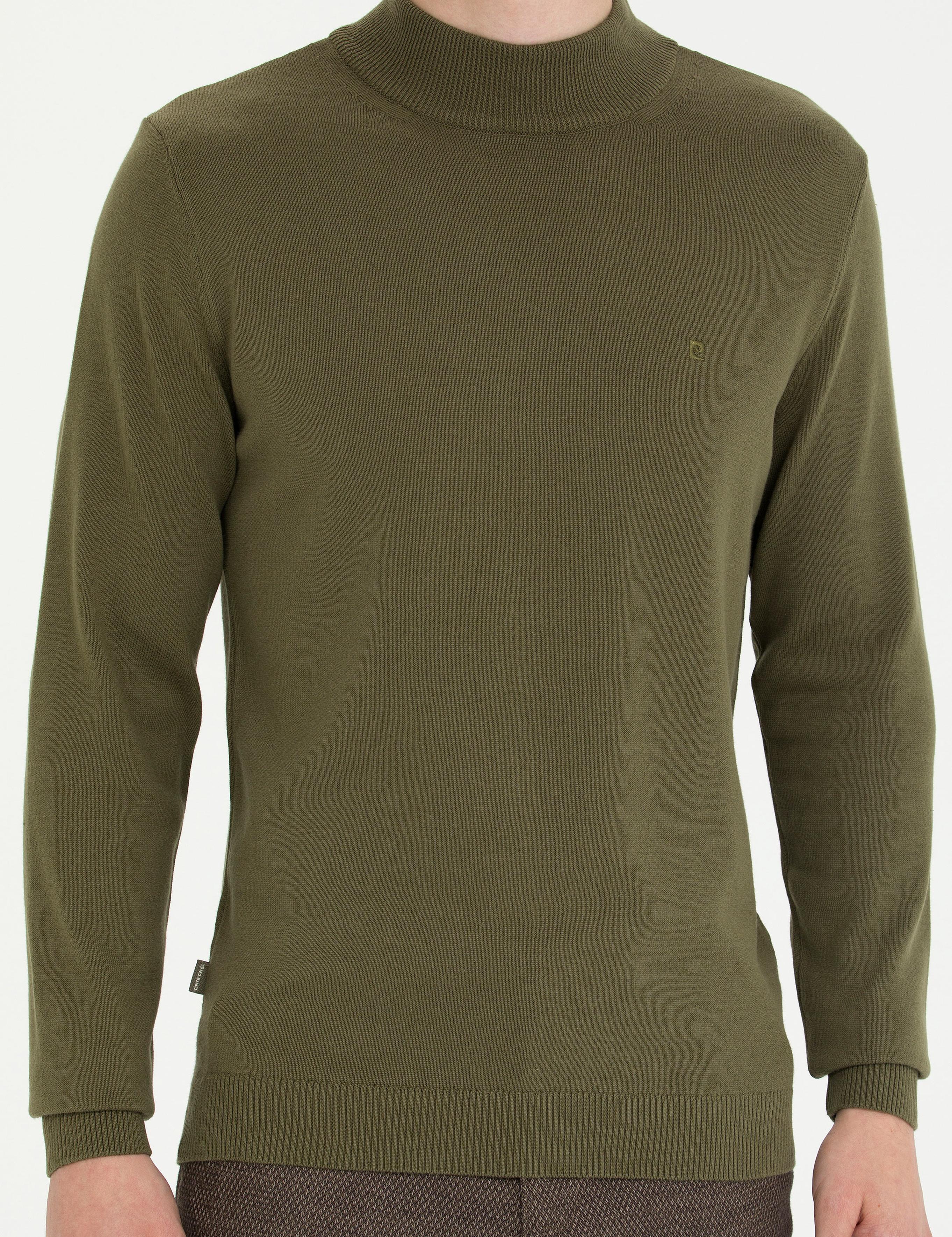 Koyu Haki Slim Fit Yarım Balıkçı Yaka Basic Triko Kazak