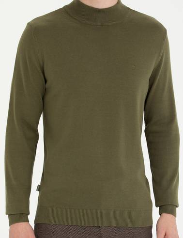 Koyu Haki Slim Fit Yarım Balıkçı Yaka Basic Triko Kazak