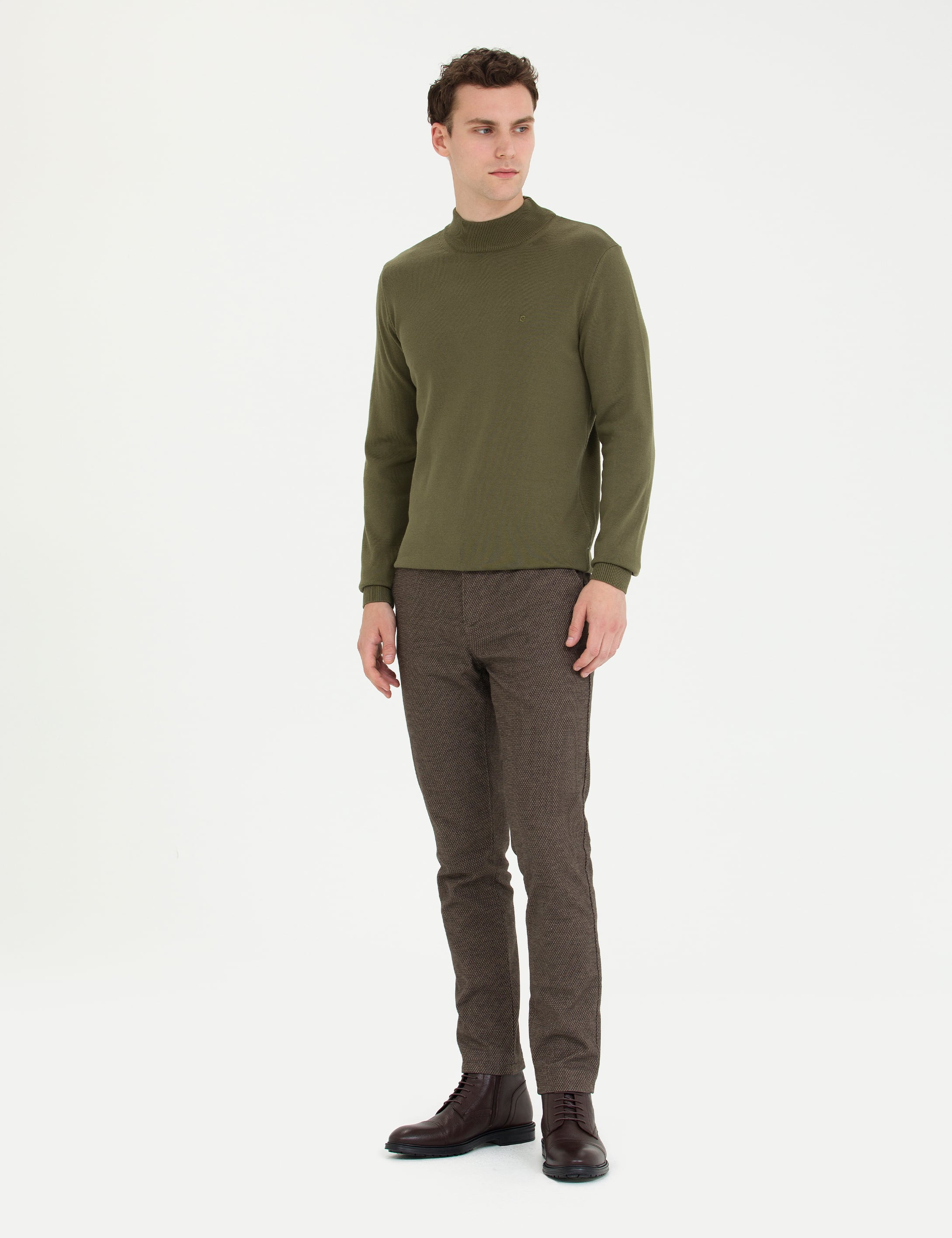 Pierre Cardin Koyu Haki Slim Fit Yarım Balıkçı Yaka Basic Triko Kazak görsel 4