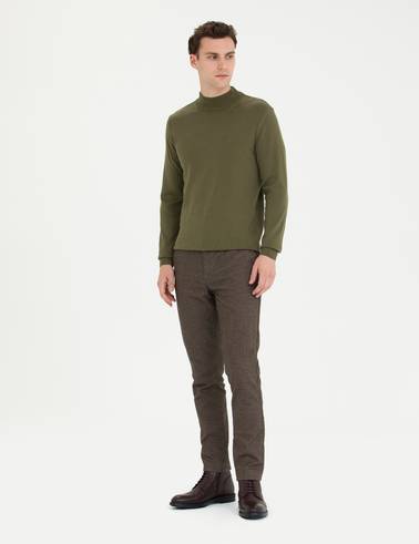 Koyu Haki Slim Fit Yarım Balıkçı Yaka Basic Triko Kazak
