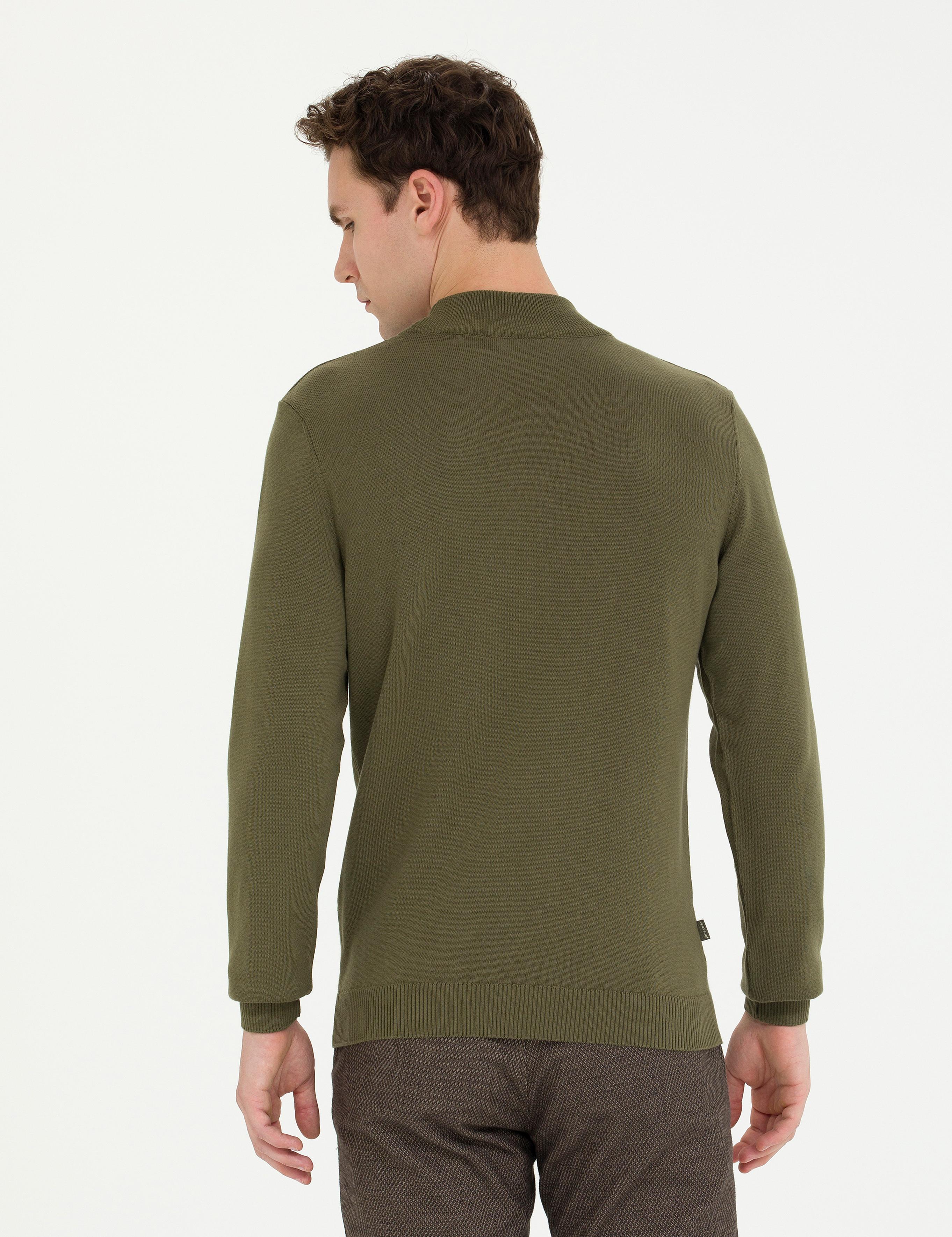 Koyu Haki Slim Fit Yarım Balıkçı Yaka Basic Triko Kazak