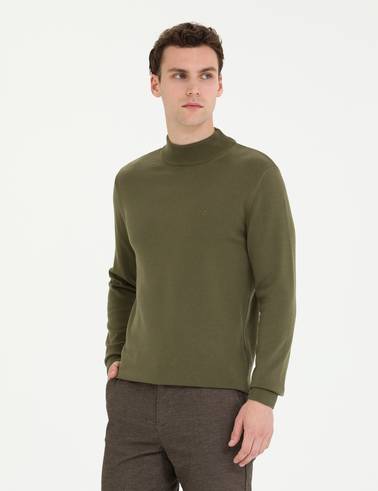 Koyu Haki Slim Fit Yarım Balıkçı Yaka Basic Triko Kazak