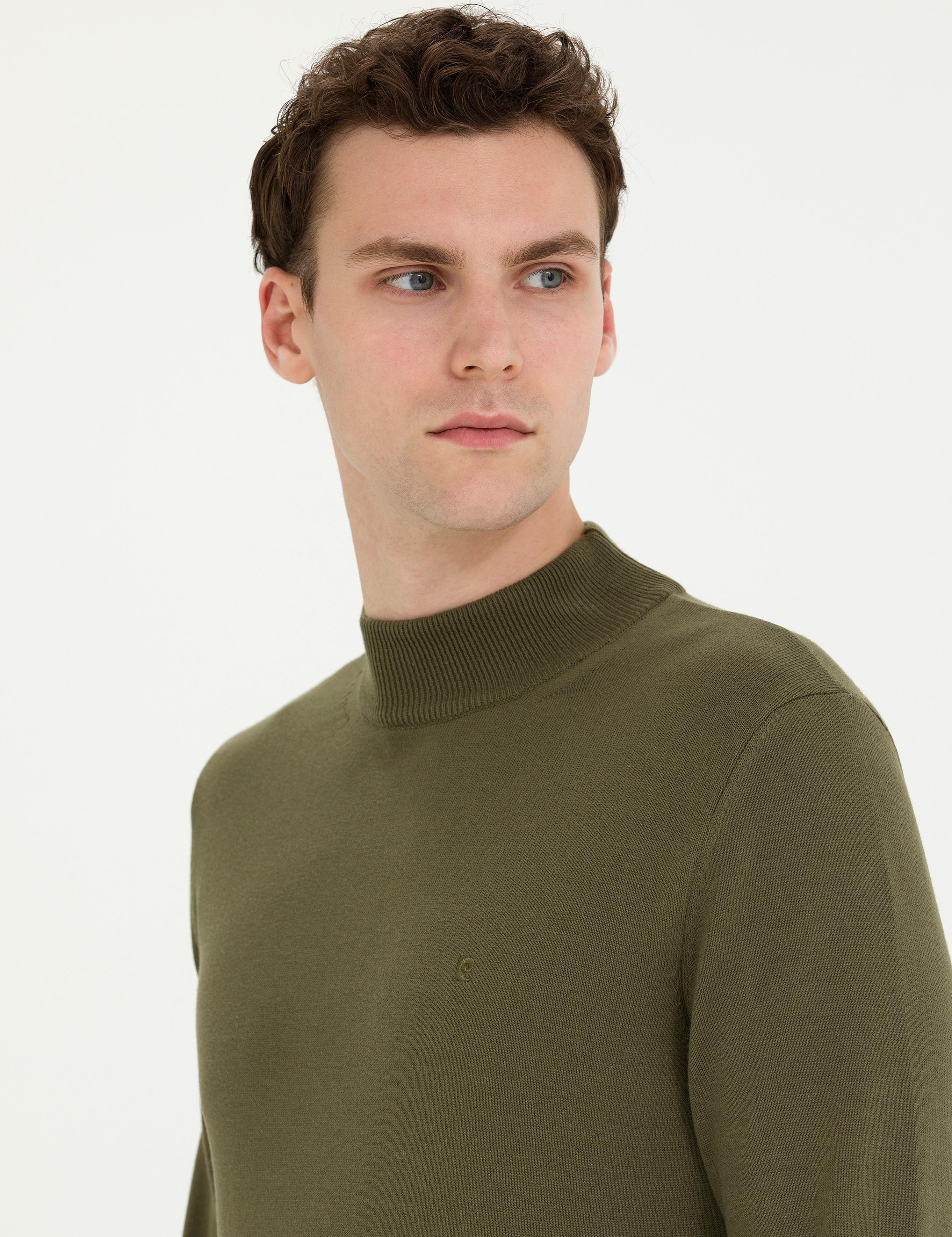 Koyu Haki Slim Fit Yarım Balıkçı Yaka Basic Triko Kazak