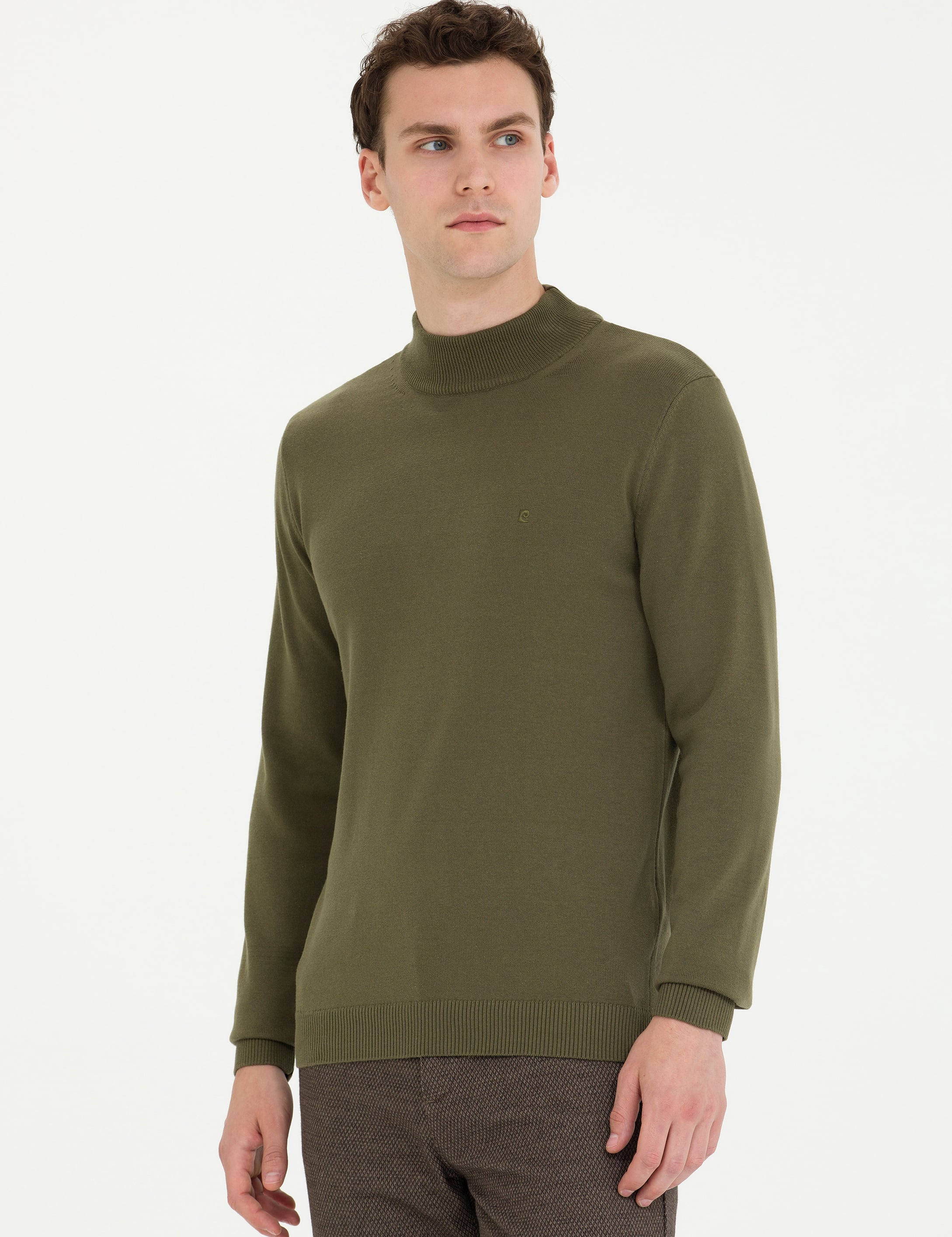 Pierre Cardin Koyu Haki Slim Fit Yarım Balıkçı Yaka Basic Triko Kazak görsel 3