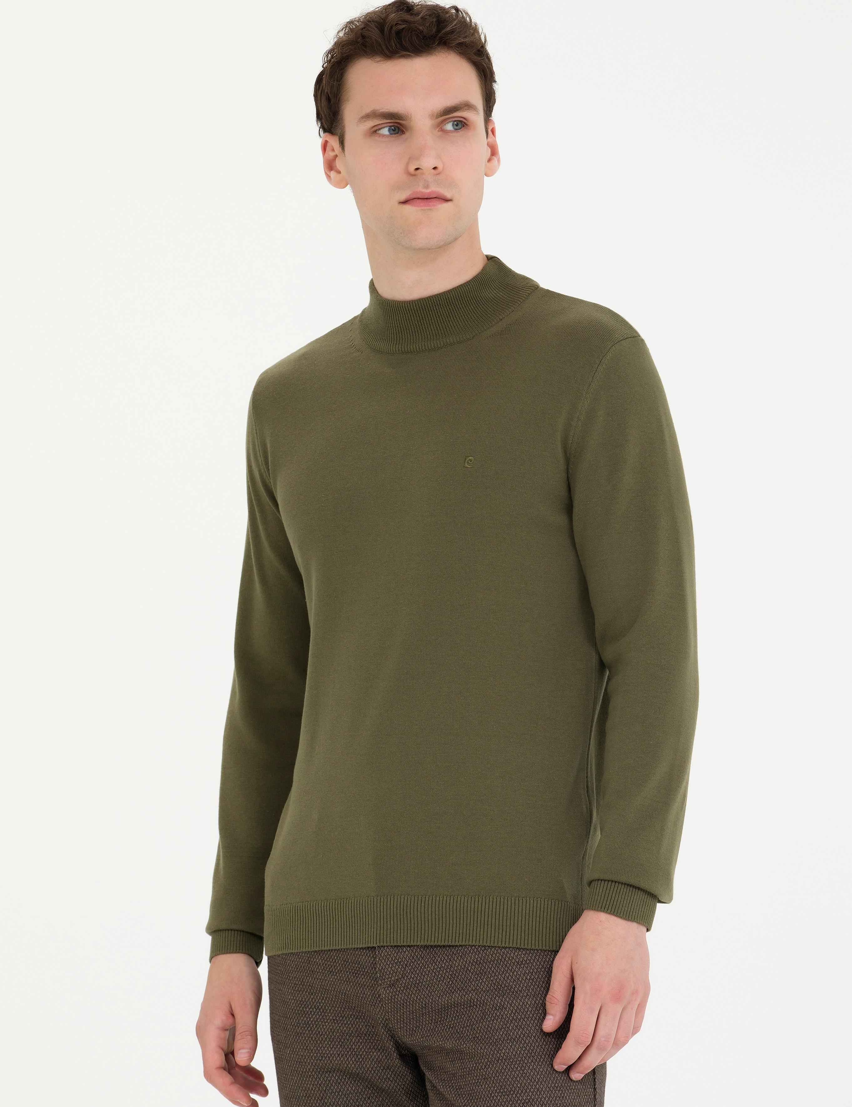 Koyu Haki Slim Fit Yarım Balıkçı Yaka Basic Triko Kazak