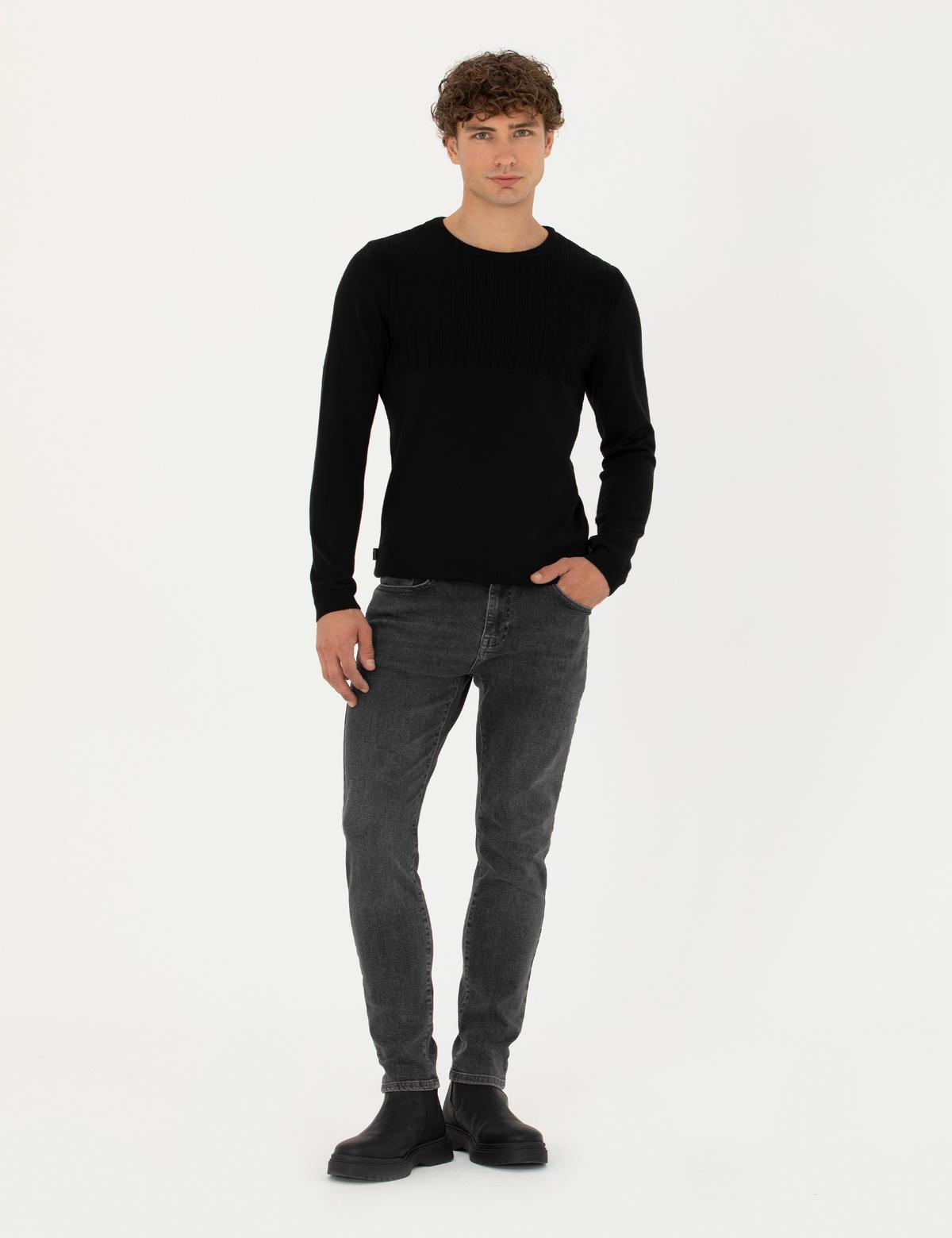 Siyah Slim Fit Bisiklet Yaka Triko Kazak - 50279261010