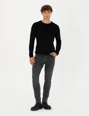 Siyah Slim Fit Bisiklet Yaka Triko Kazak