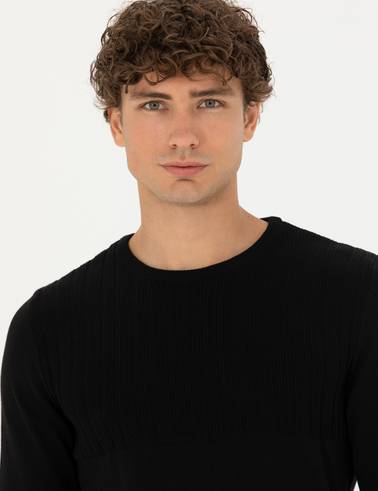 Siyah Slim Fit Bisiklet Yaka Triko Kazak