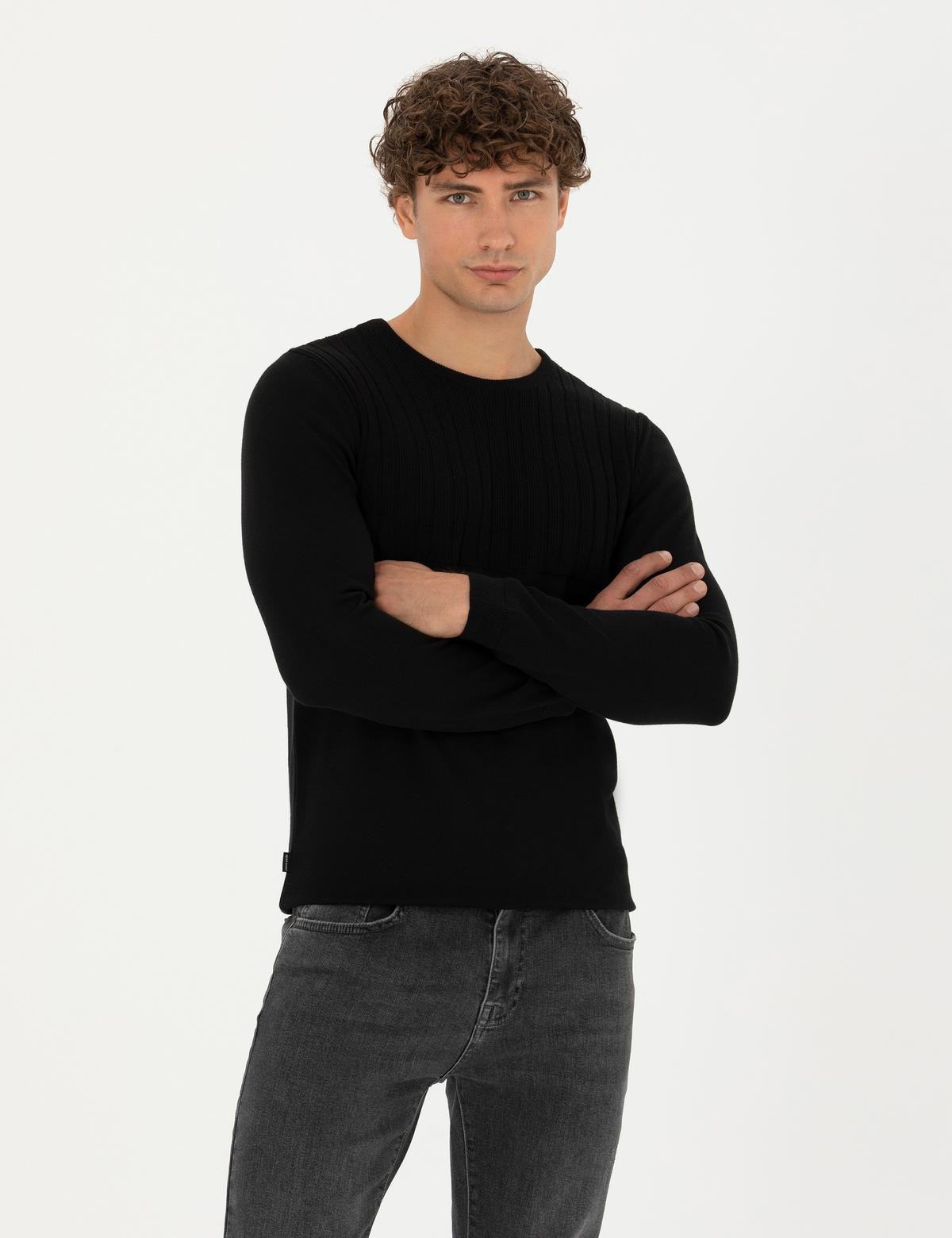 Siyah Slim Fit Bisiklet Yaka Triko Kazak - 50279261010