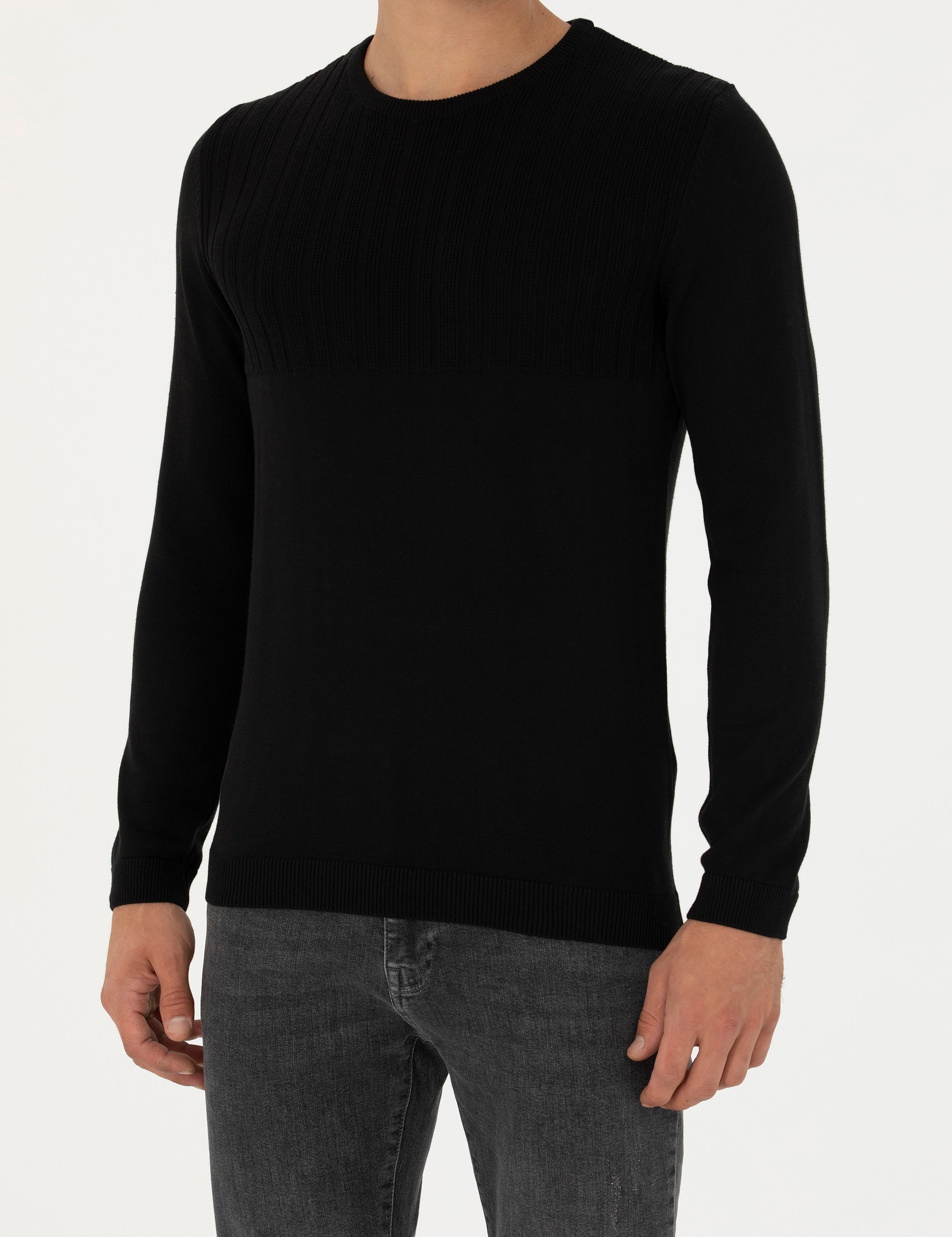 Siyah Slim Fit Bisiklet Yaka Triko Kazak