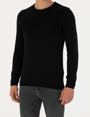 Siyah Slim Fit Bisiklet Yaka Triko Kazak