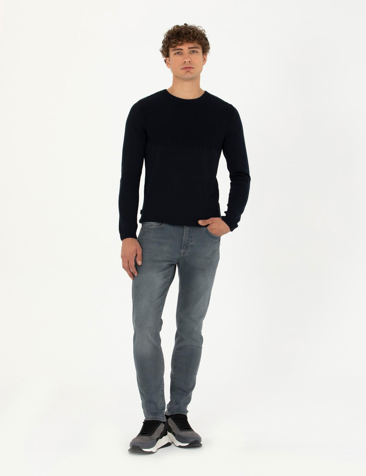 Lacivert Slim Fit Bisiklet Yaka Triko Kazak - 50279261019