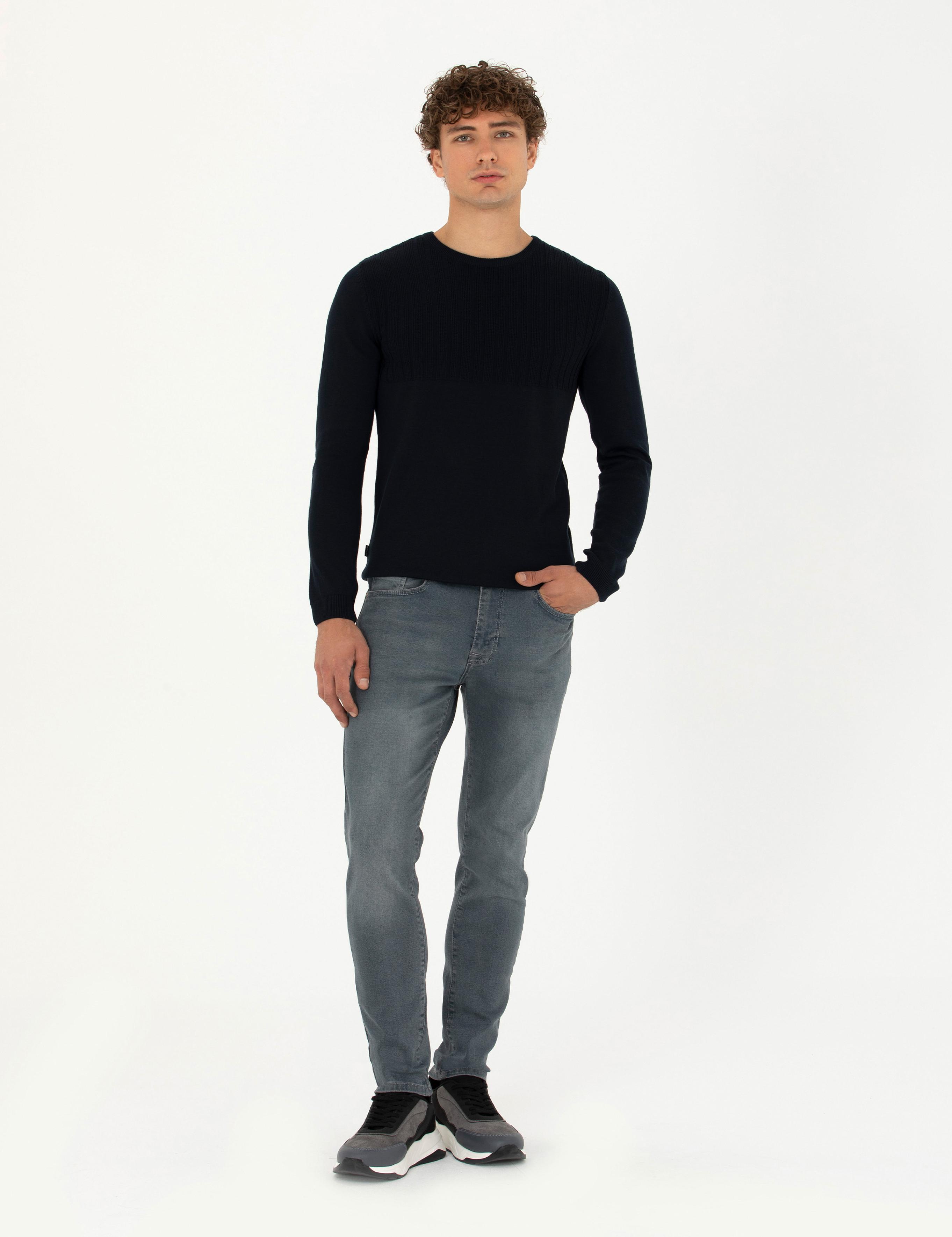 Lacivert Slim Fit Bisiklet Yaka Triko Kazak