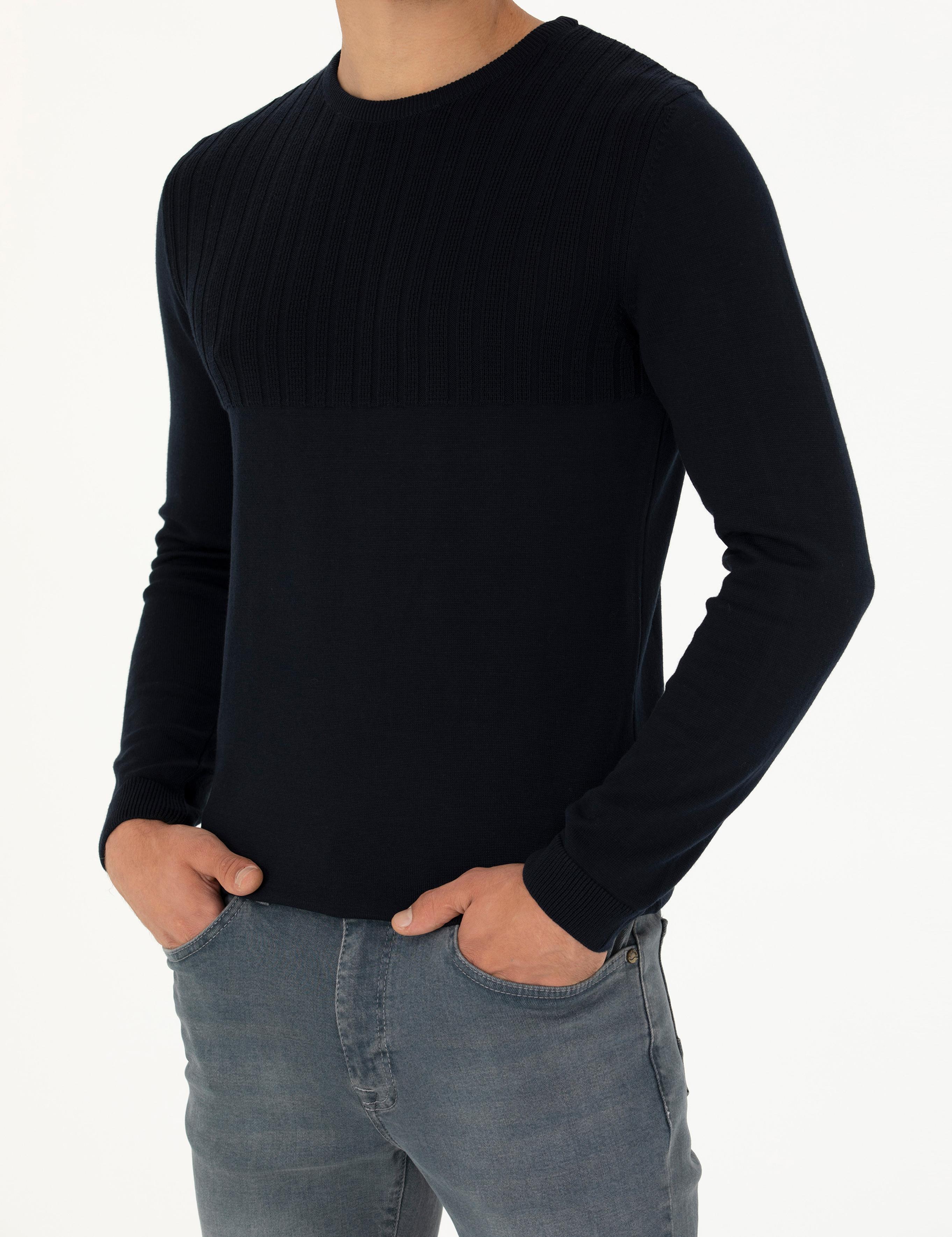 Lacivert Slim Fit Bisiklet Yaka Triko Kazak