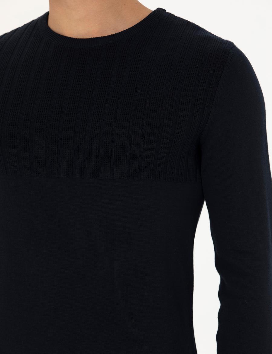 Lacivert Slim Fit Bisiklet Yaka Triko Kazak