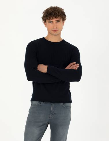Lacivert Slim Fit Bisiklet Yaka Triko Kazak