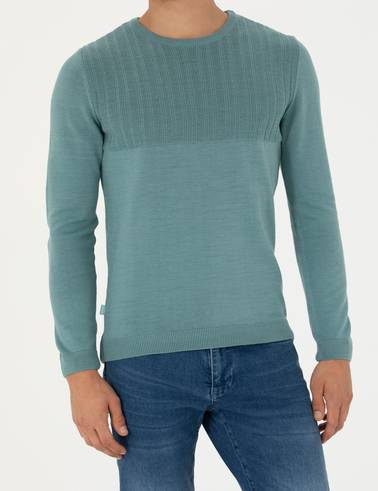 Koyu Mint Slim Fit Bisiklet Yaka Triko Kazak