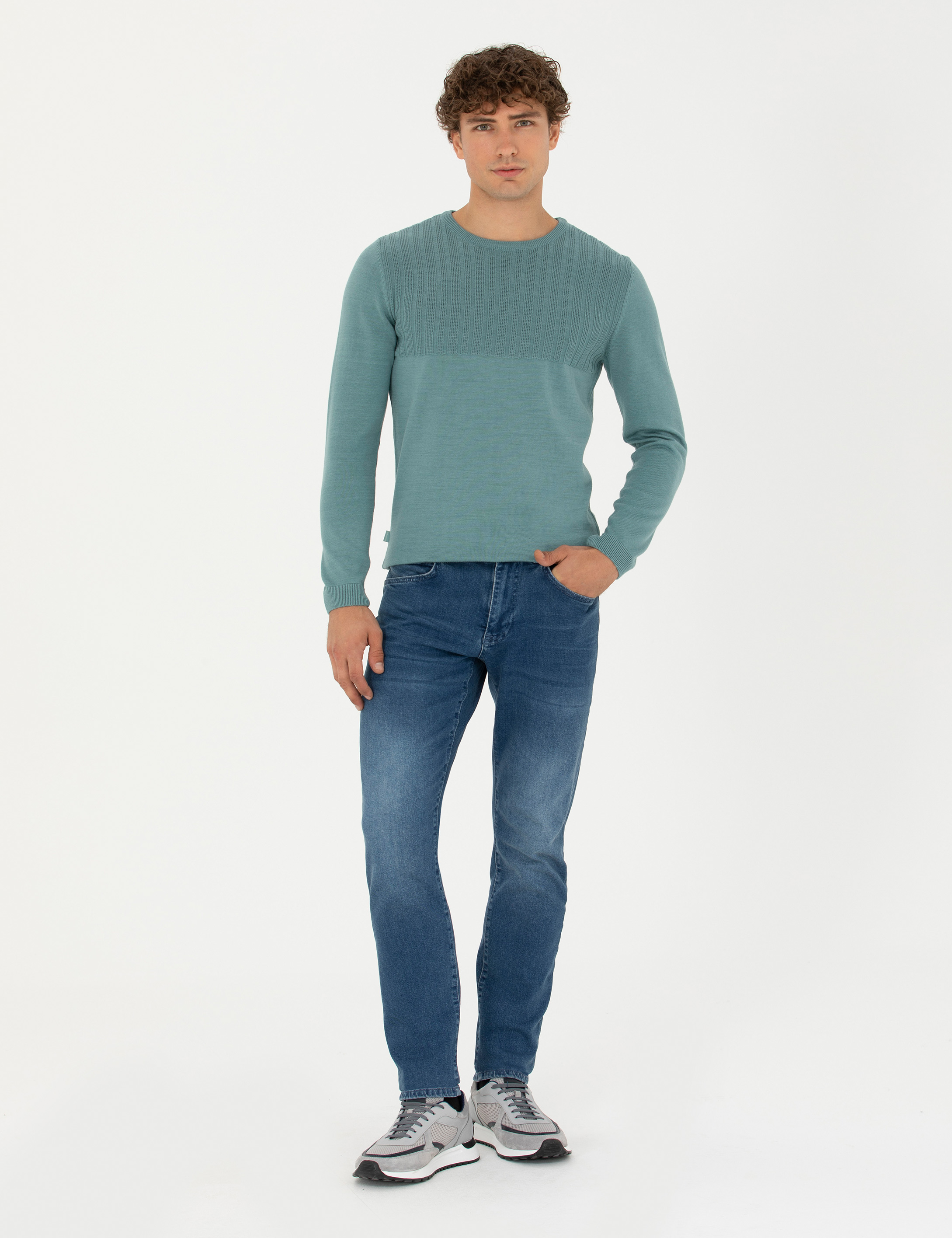Koyu Mint Slim Fit Bisiklet Yaka Triko Kazak
