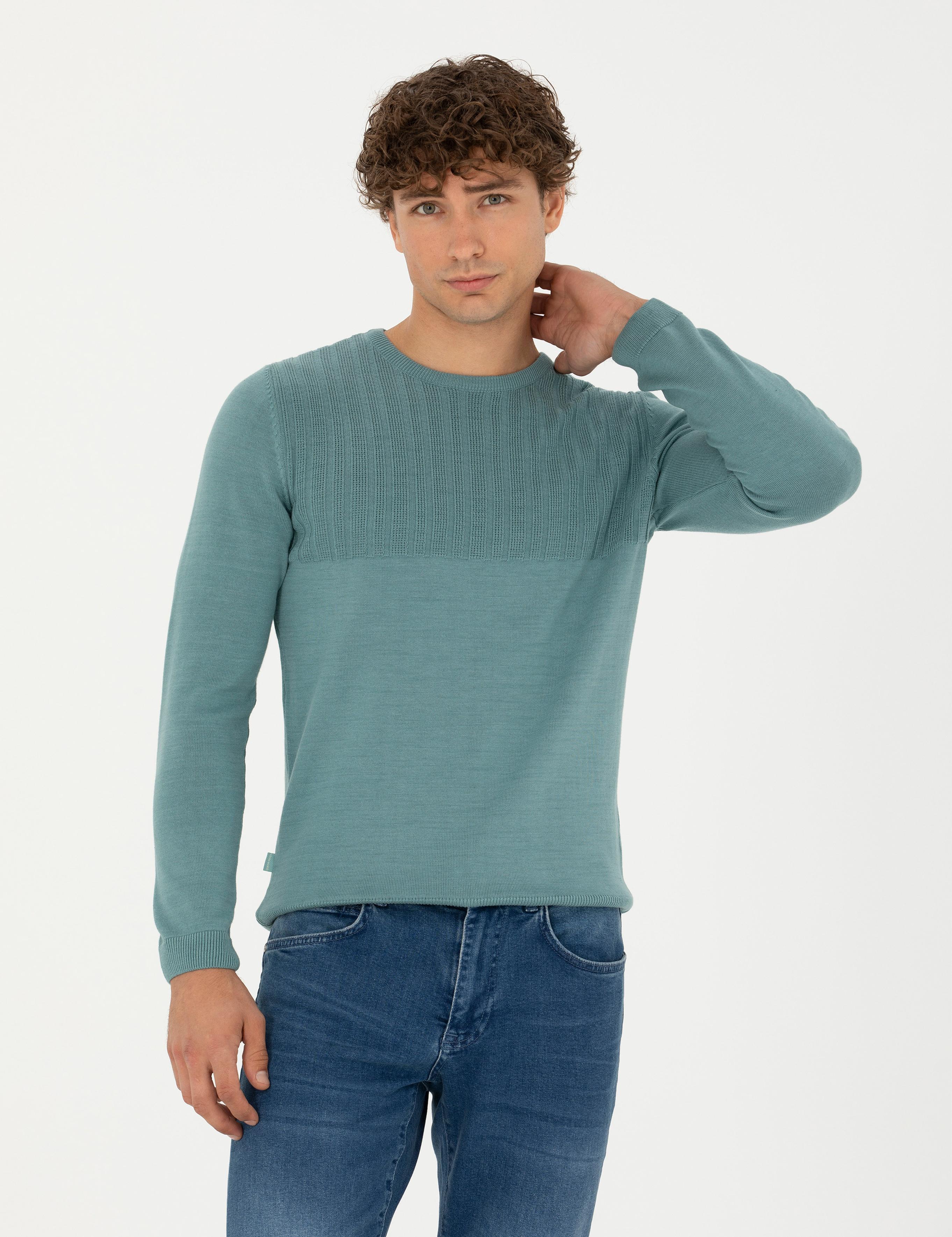 Koyu Mint Slim Fit Bisiklet Yaka Triko Kazak