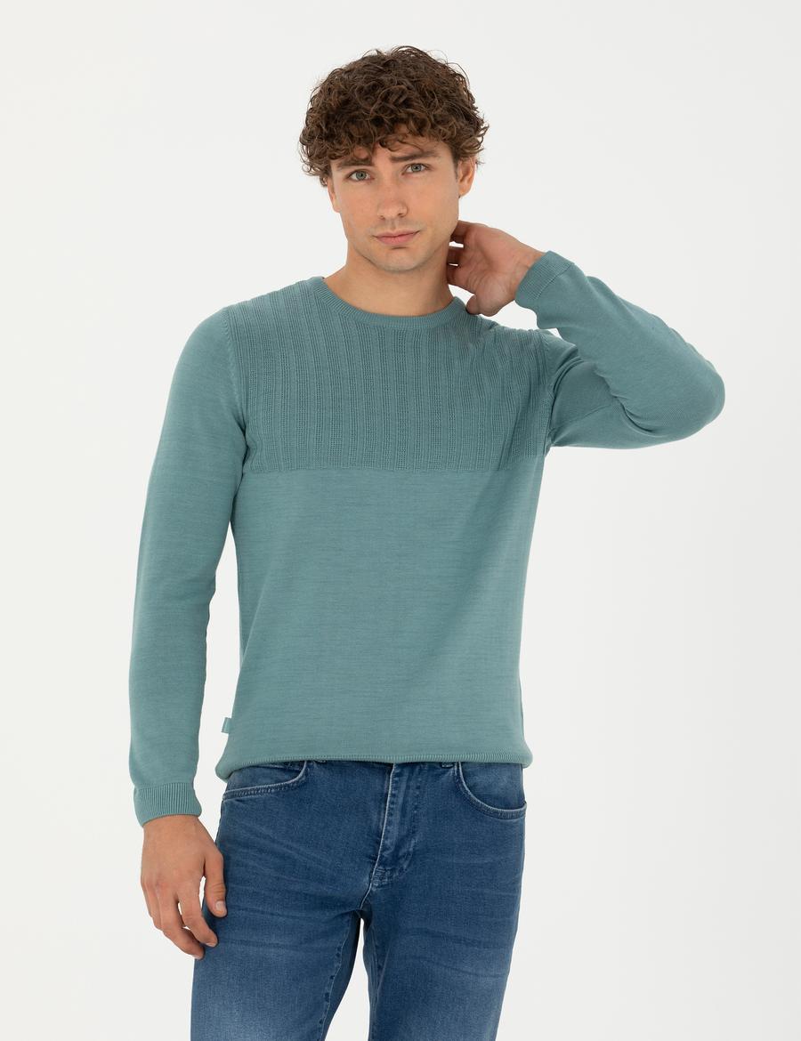 Koyu Mint Slim Fit Bisiklet Yaka Triko Kazak