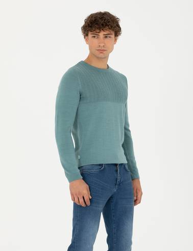 Koyu Mint Slim Fit Bisiklet Yaka Triko Kazak