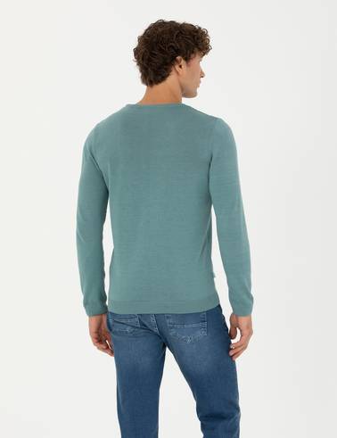 Koyu Mint Slim Fit Bisiklet Yaka Triko Kazak