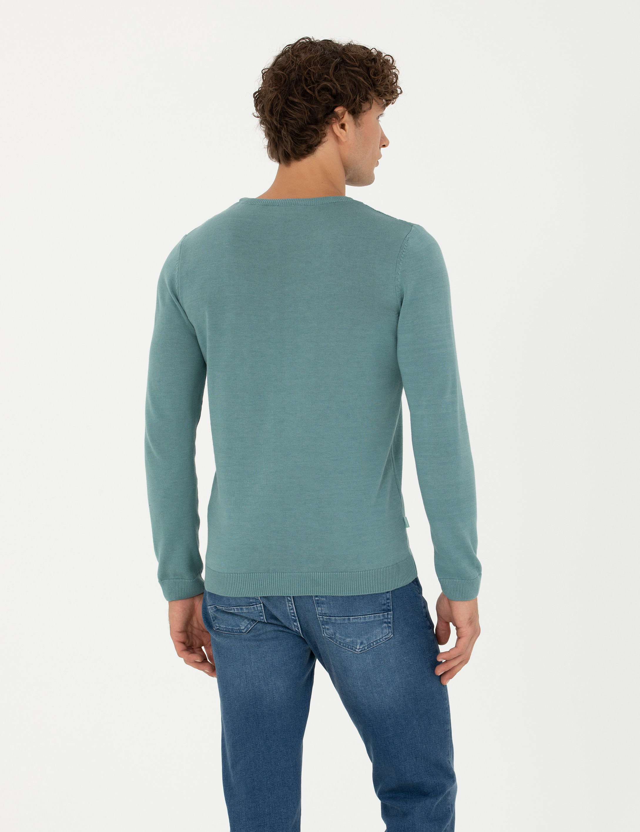 Koyu Mint Slim Fit Bisiklet Yaka Triko Kazak