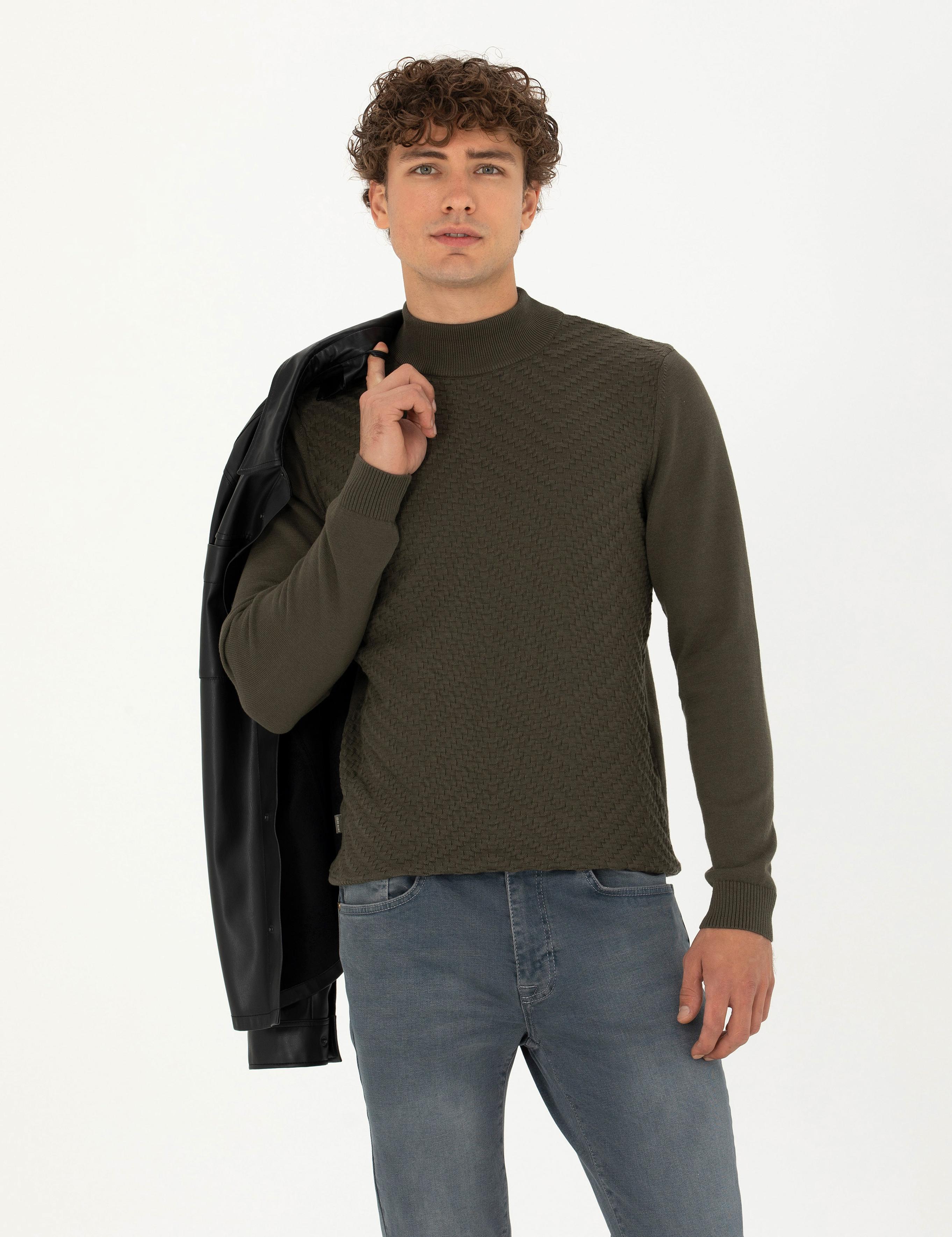 Koyu Haki Slim Fit Yarım Balıkçı Yaka Triko Kazak