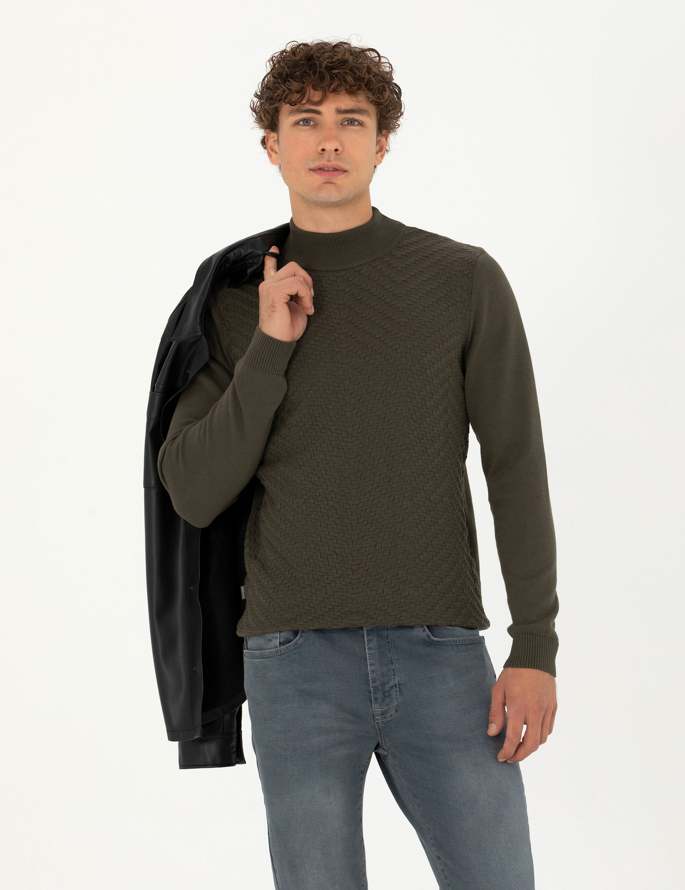 Koyu Haki Slim Fit Yarım Balıkçı Yaka Triko Kazak - Image 1