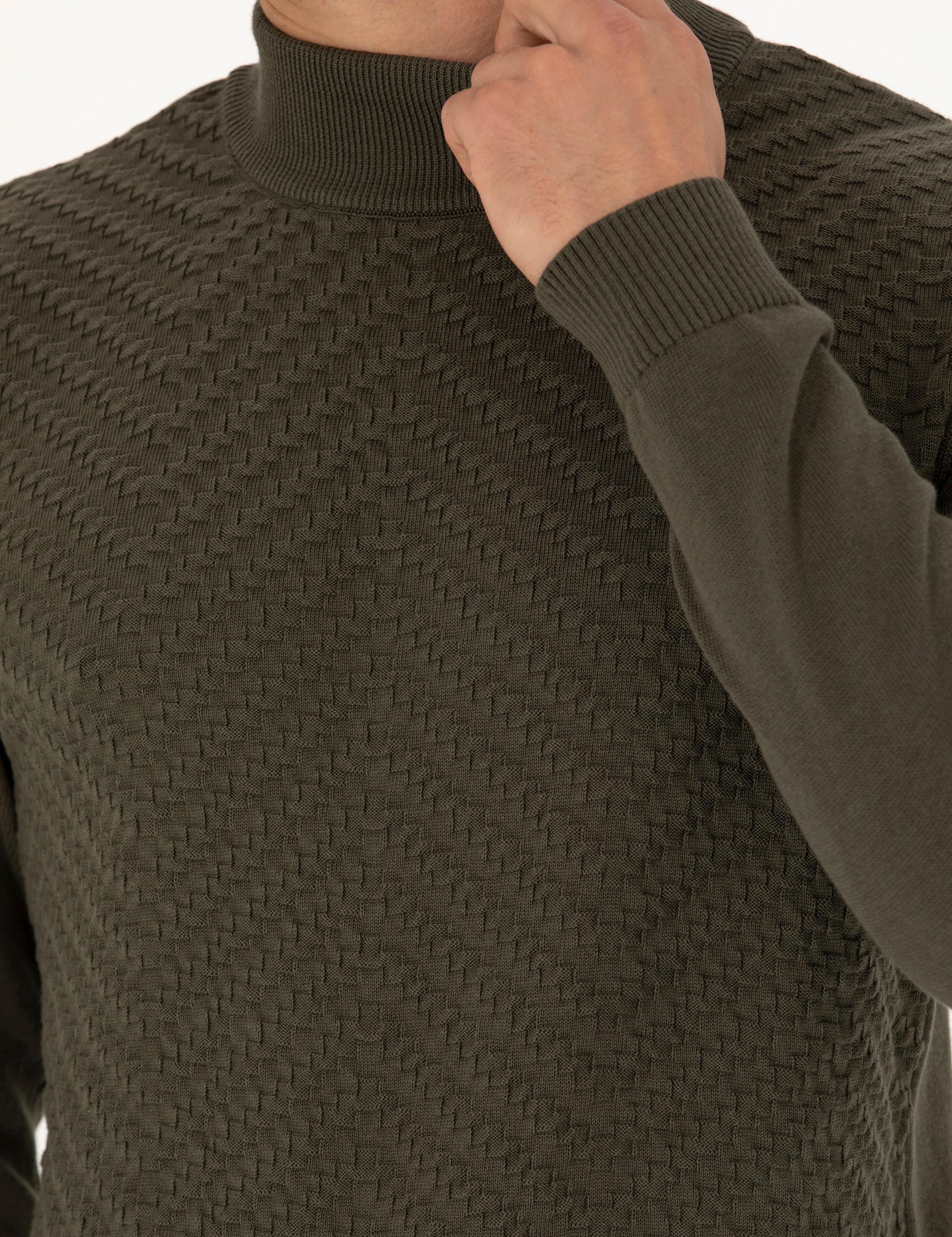 Koyu Haki Slim Fit Yarım Balıkçı Yaka Triko Kazak