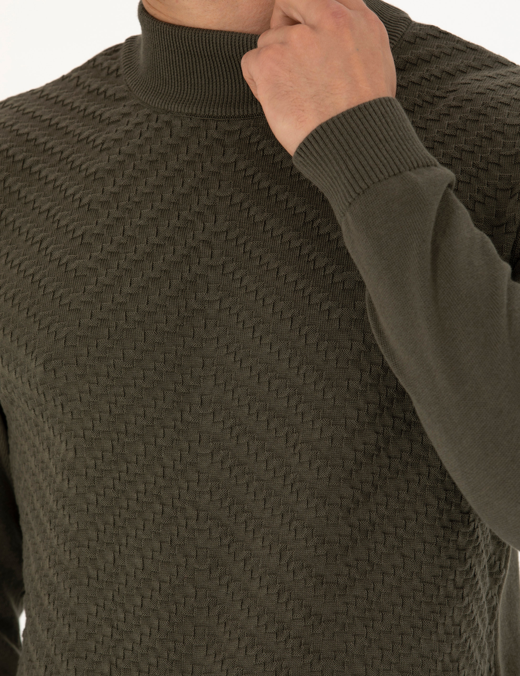 Koyu Haki Slim Fit Yarım Balıkçı Yaka Triko Kazak