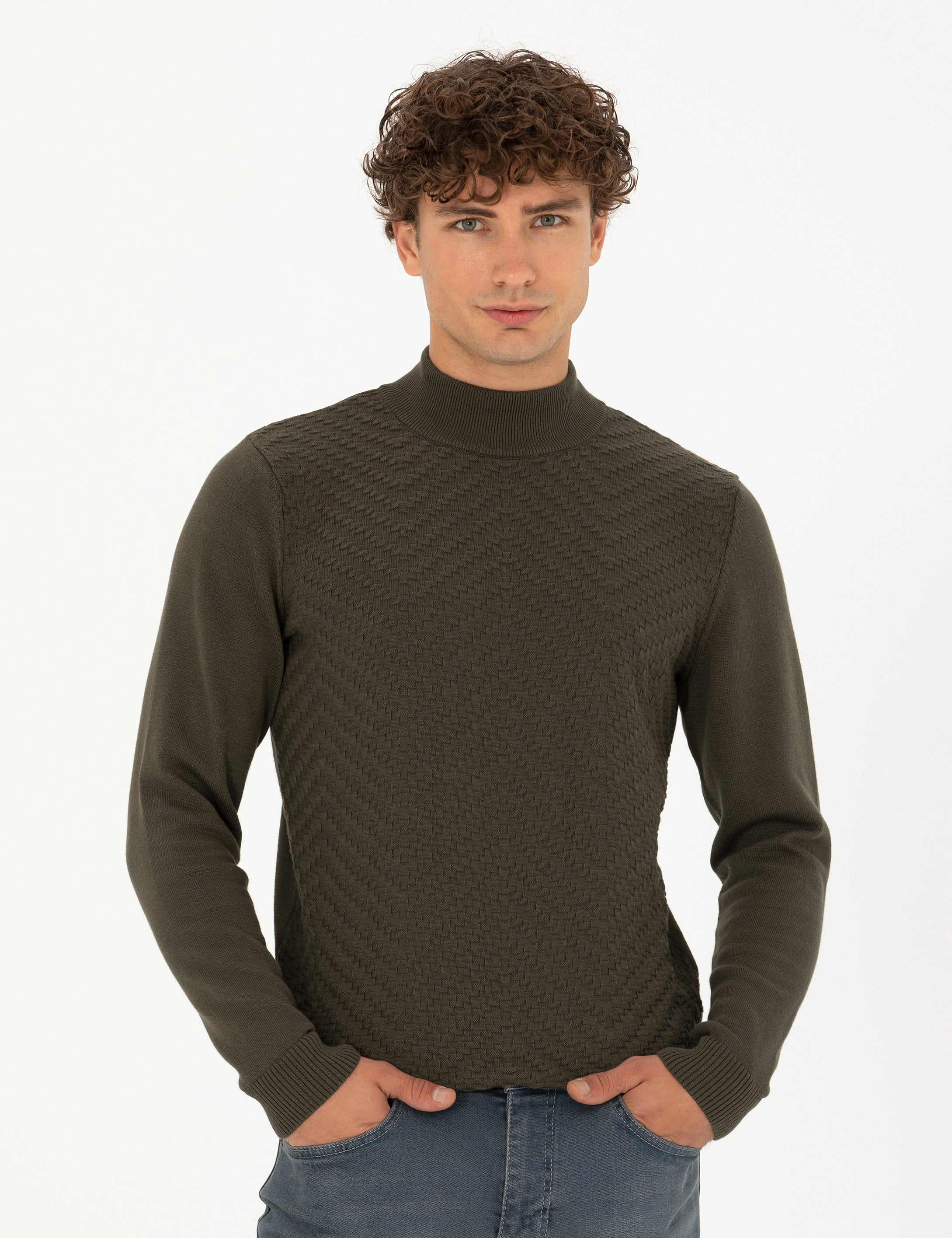 Koyu Haki Slim Fit Yarım Balıkçı Yaka Triko Kazak