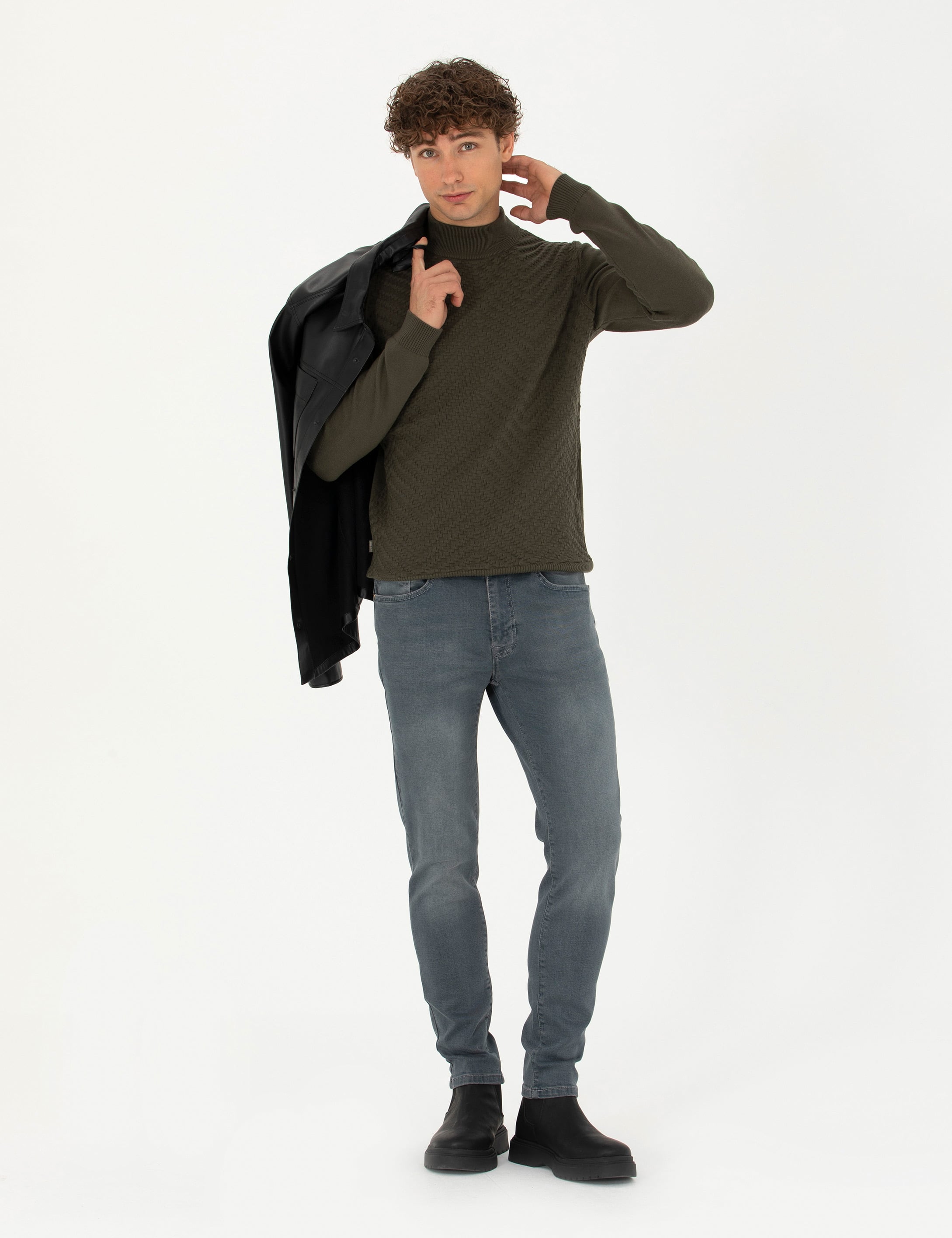 Koyu Haki Slim Fit Yarım Balıkçı Yaka Triko Kazak