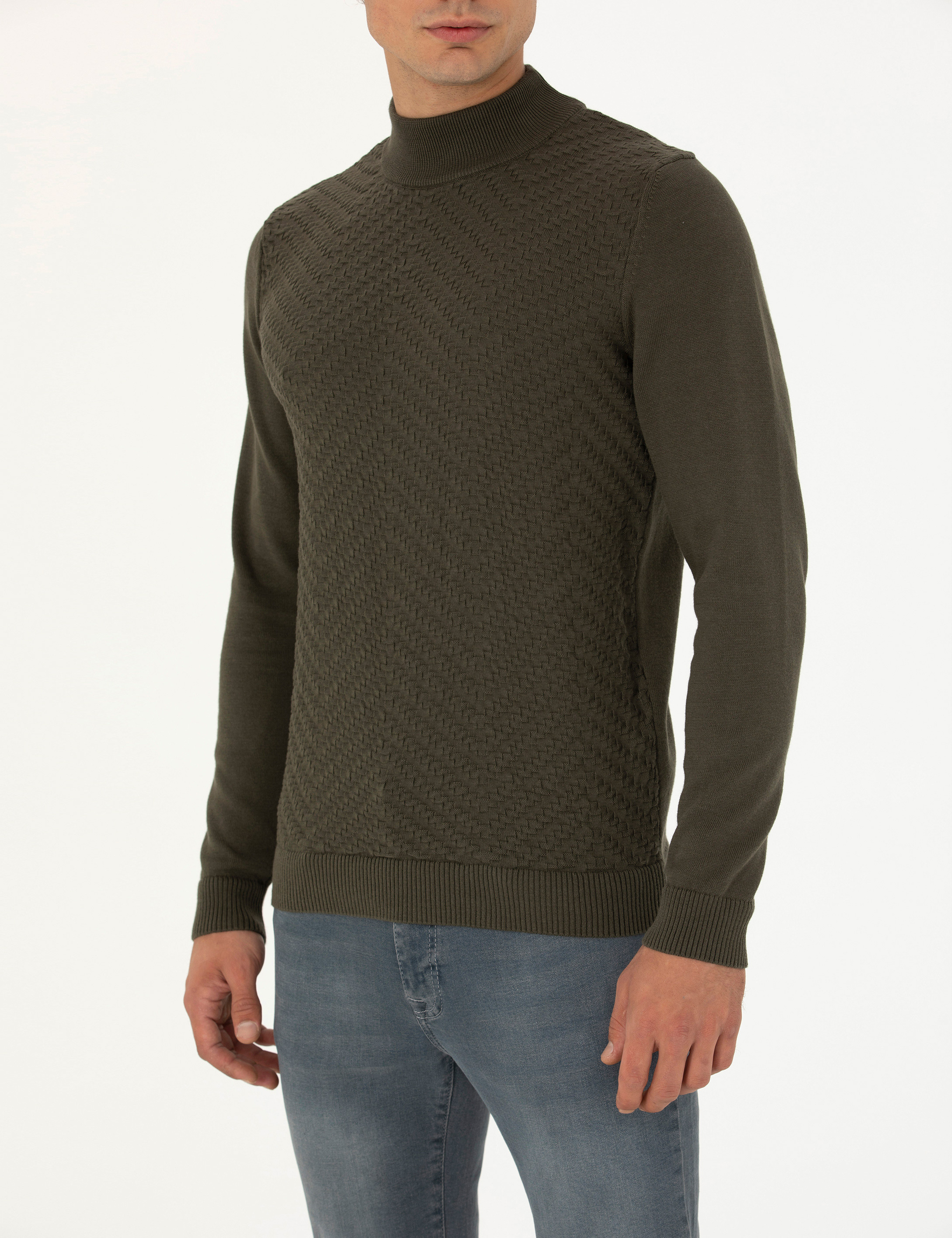Koyu Haki Slim Fit Yarım Balıkçı Yaka Triko Kazak - Image 6