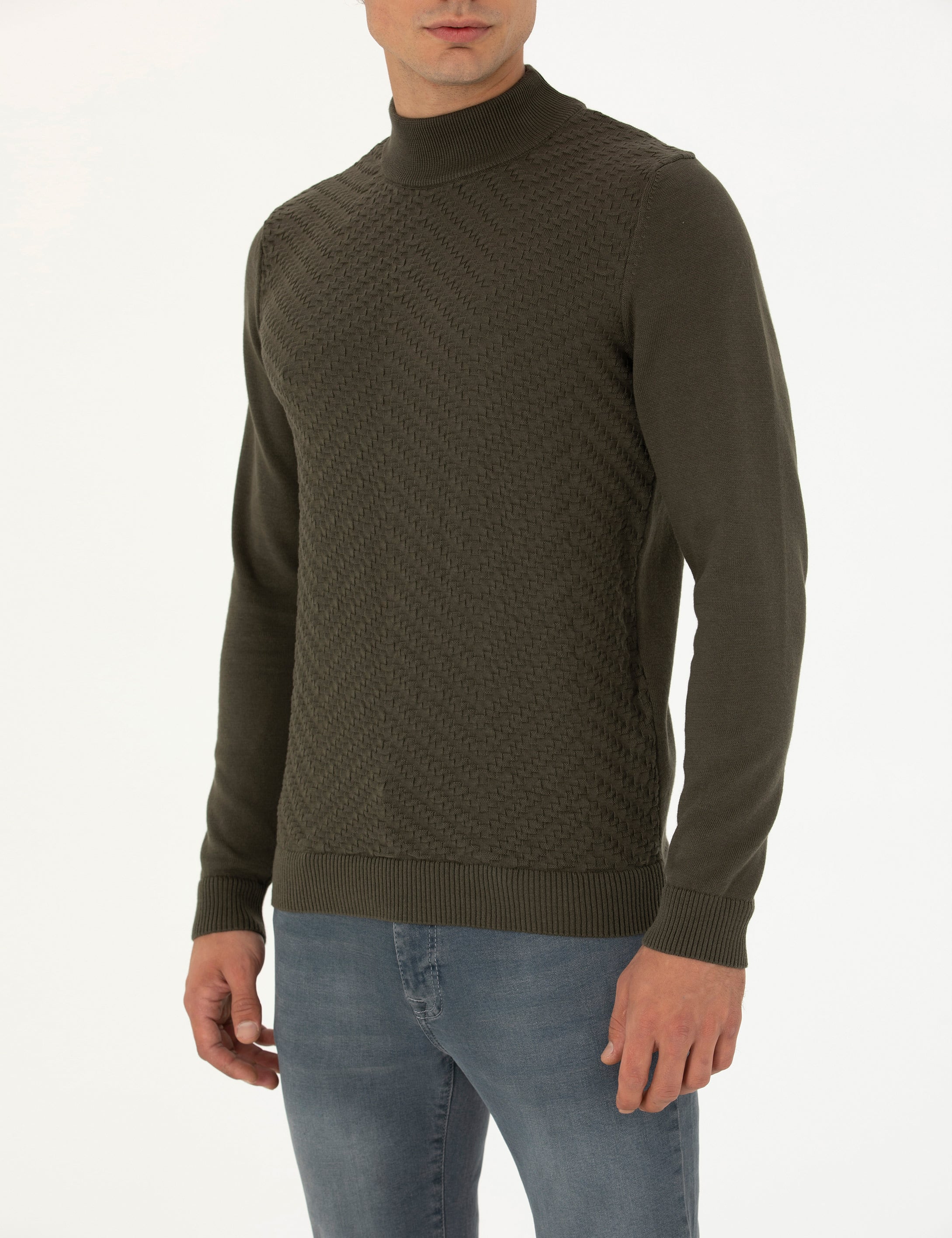 Koyu Haki Slim Fit Yarım Balıkçı Yaka Triko Kazak