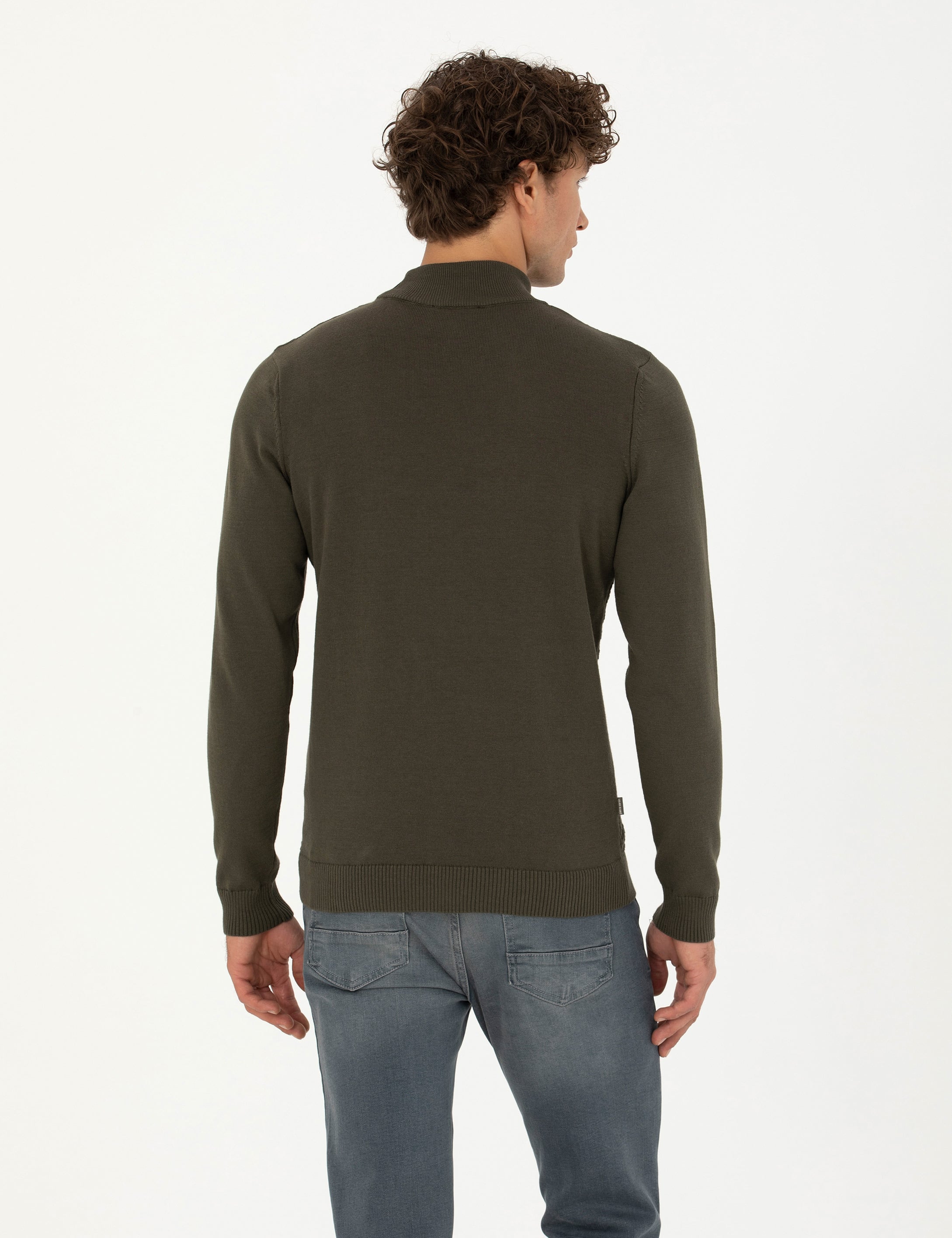 Koyu Haki Slim Fit Yarım Balıkçı Yaka Triko Kazak