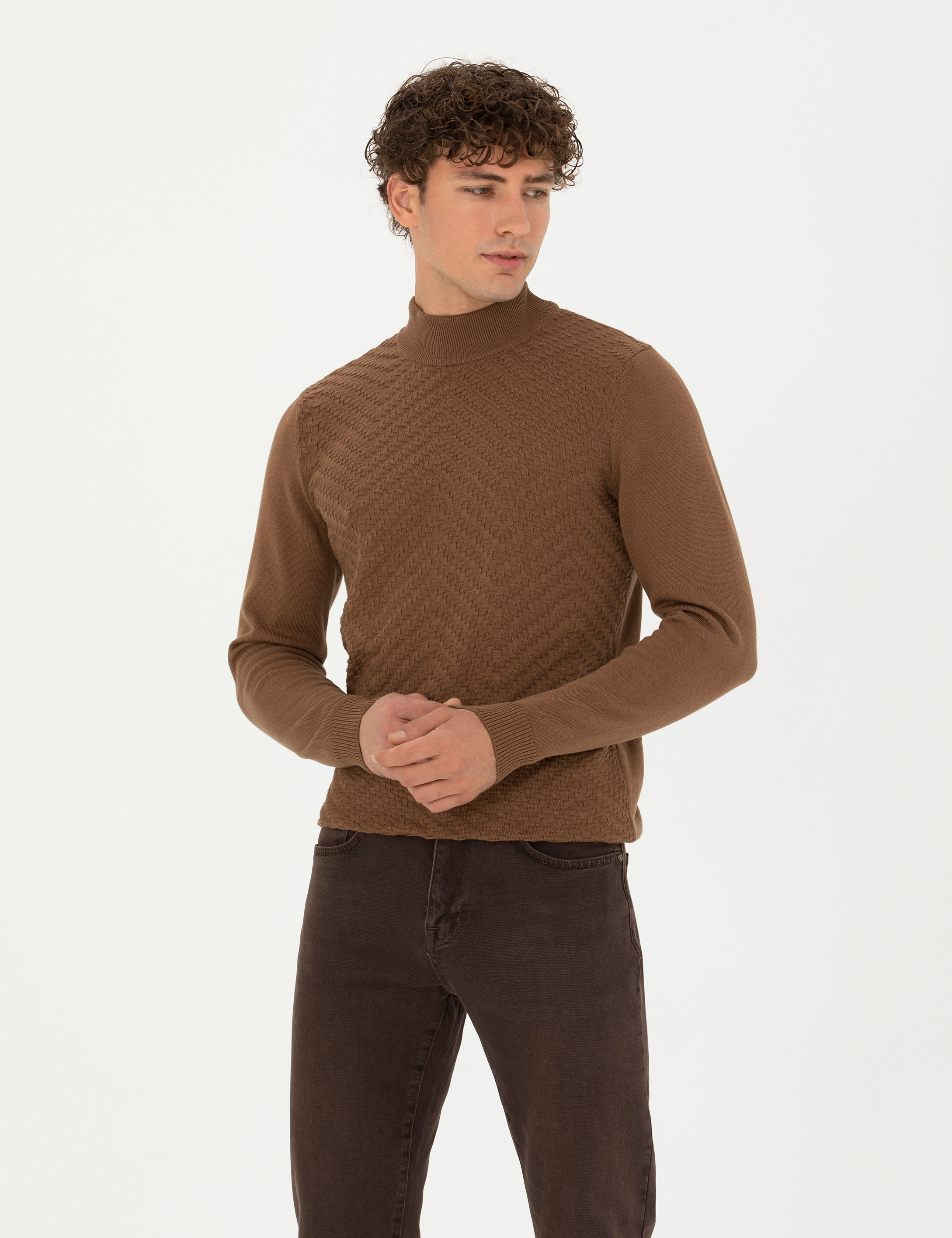 Yeşil Slim Fit Yarım Balıkçı Yaka Triko Kazak - Image 1