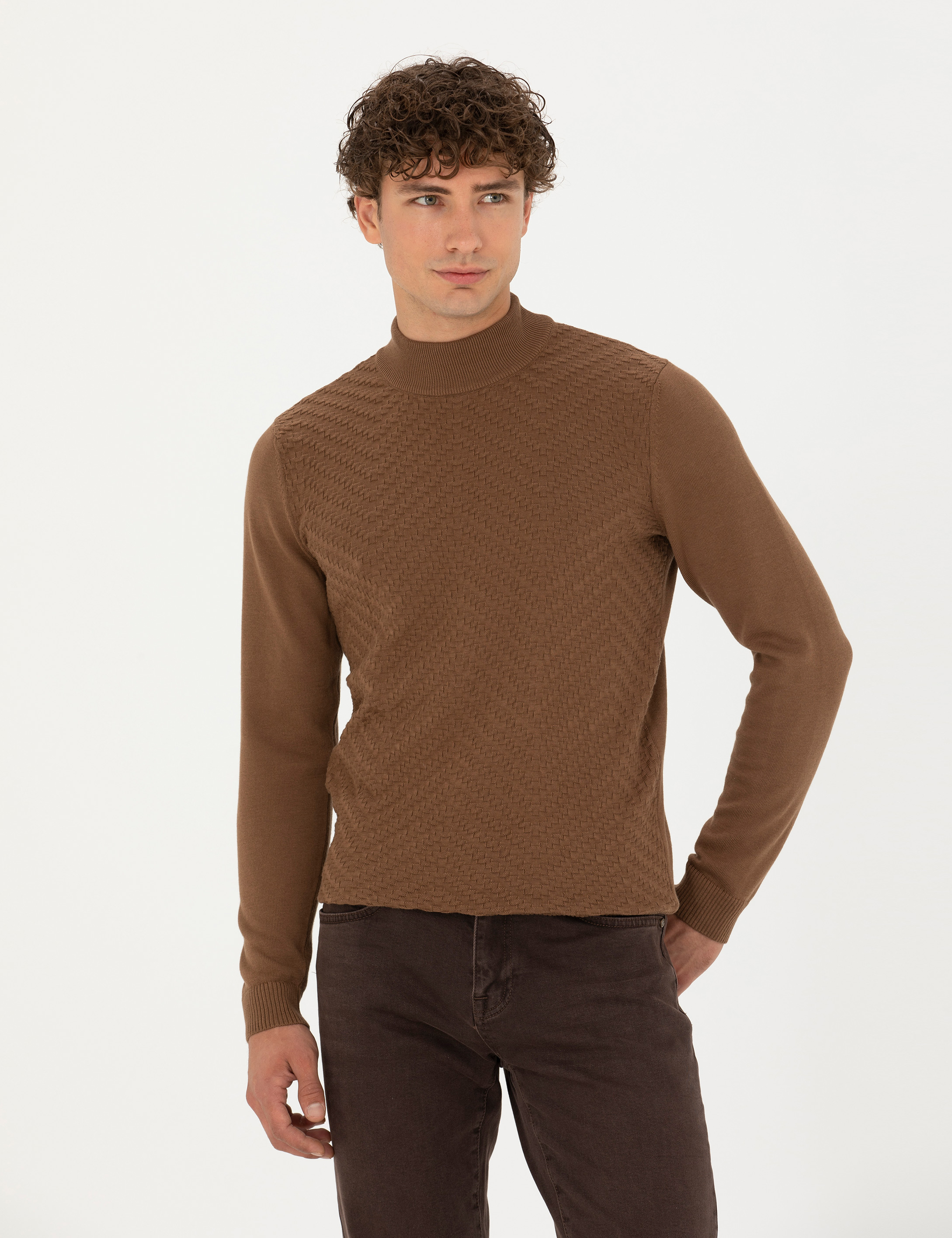 Yeşil Slim Fit Yarım Balıkçı Yaka Triko Kazak - Image 3