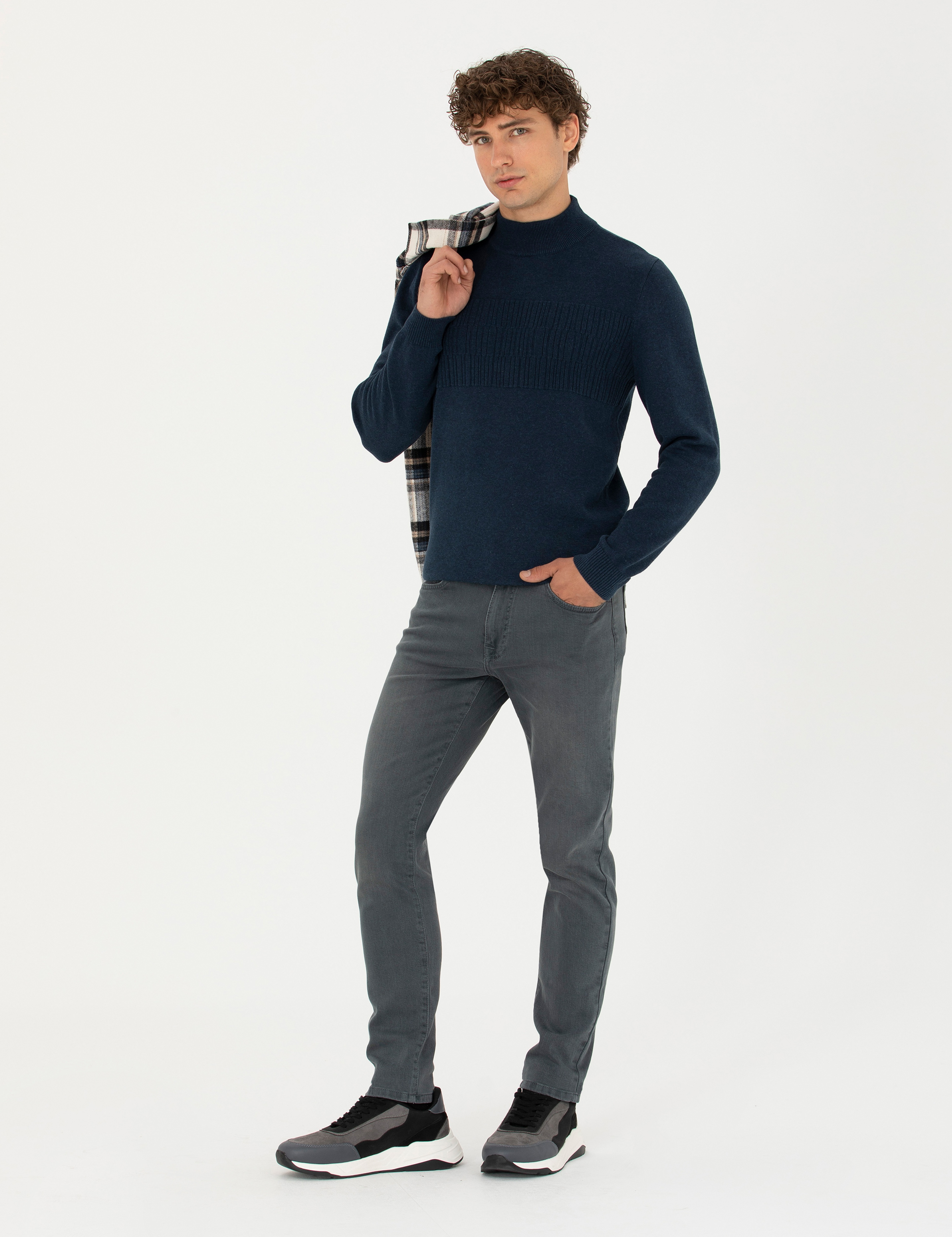 Lacivert Melanj Slim Fit Yarım Balıkçı Yaka Triko Kazak - Image 4