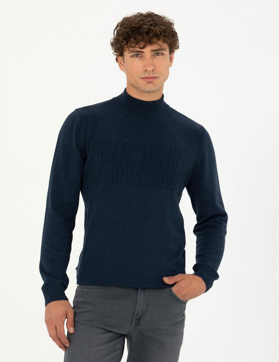 Lacivert Melanj Slim Fit Yarım Balıkçı Yaka Triko Kazak