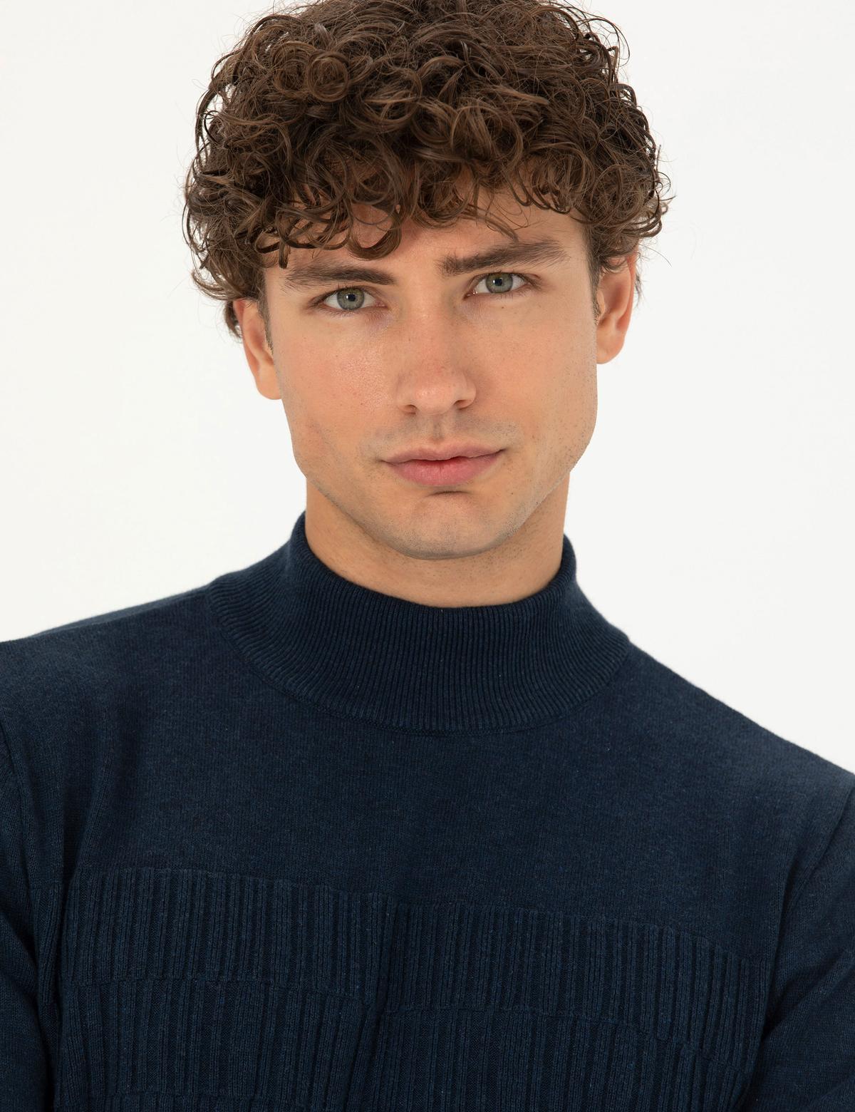 Lacivert Melanj Slim Fit Yarım Balıkçı Yaka Triko Kazak - 50281846008