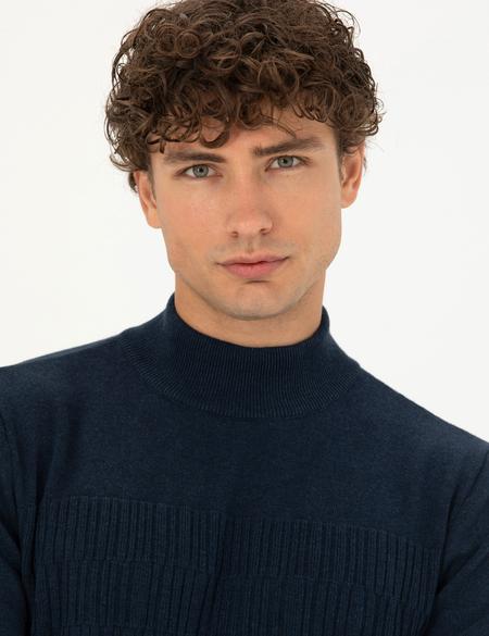 Lacivert Melanj Slim Fit Yarım Balıkçı Yaka Triko Kazak - 50281846008