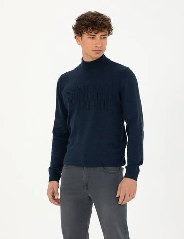 Lacivert Melanj Slim Fit Yarım Balıkçı Yaka Triko Kazak