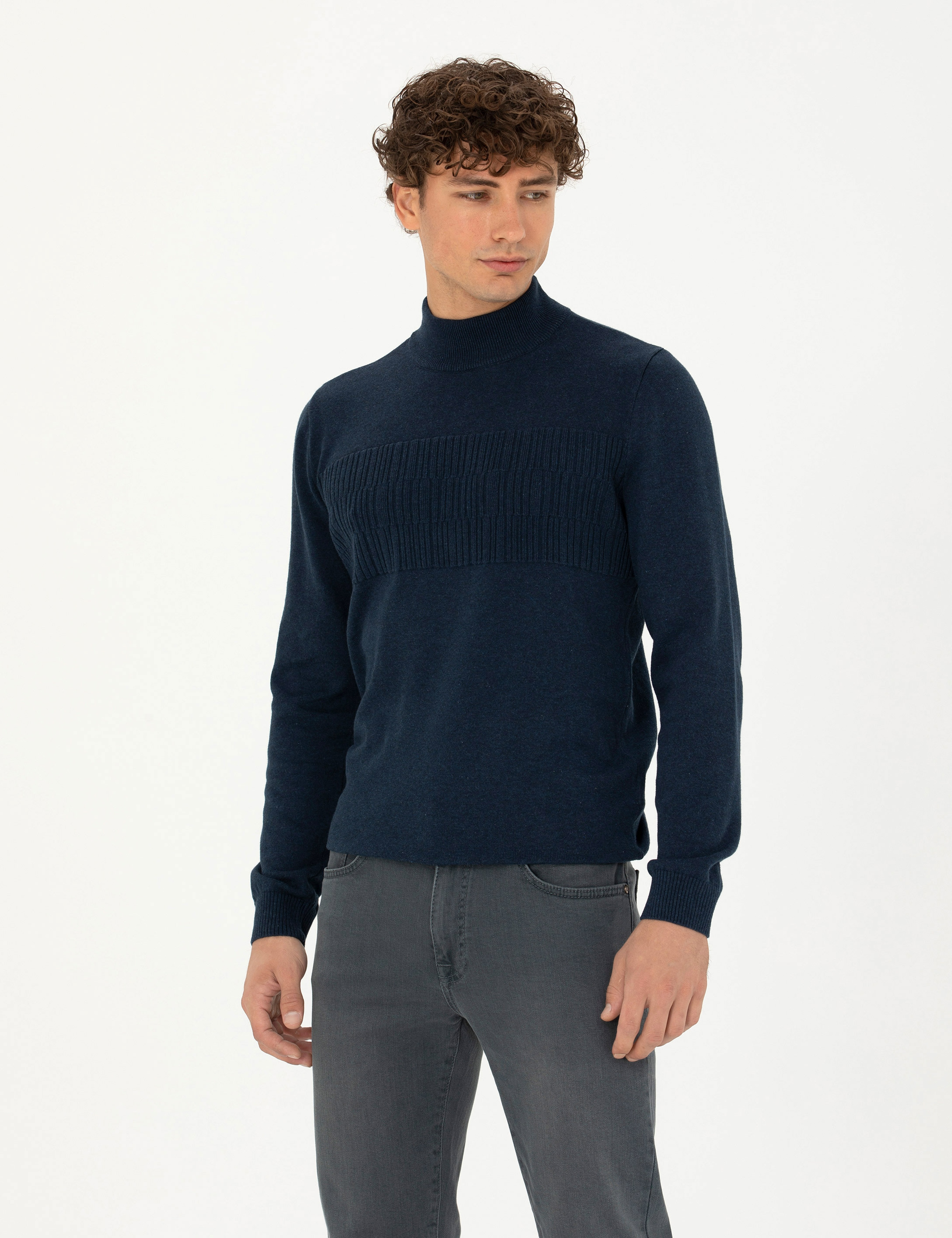 Lacivert Melanj Slim Fit Yarım Balıkçı Yaka Triko Kazak - Image 3